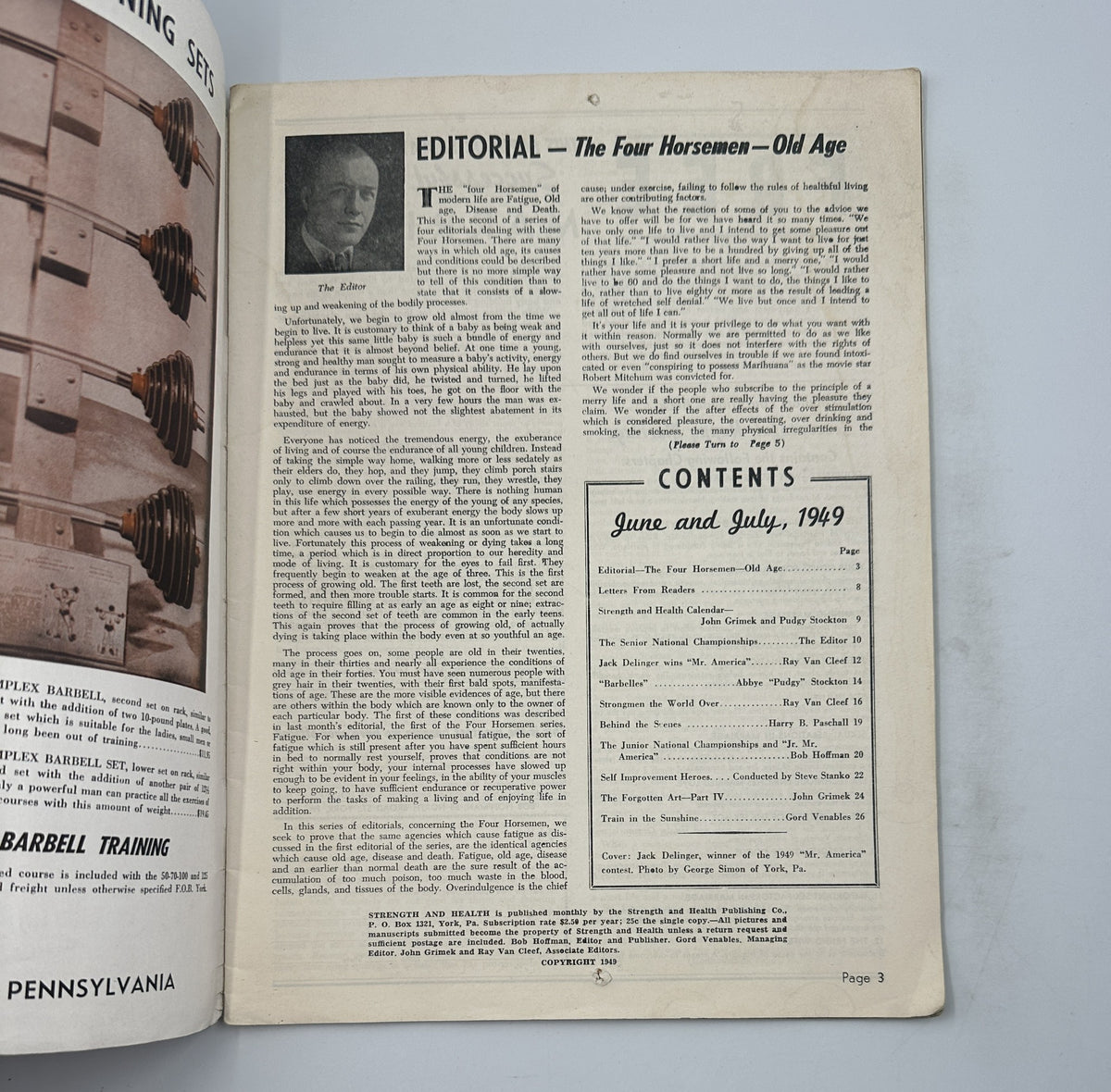 Inside page of Strength and Health Magazine June-July 1949, displaying the editorial section and table of contents, featuring topics on health and strength training, along with the magazine's branding.