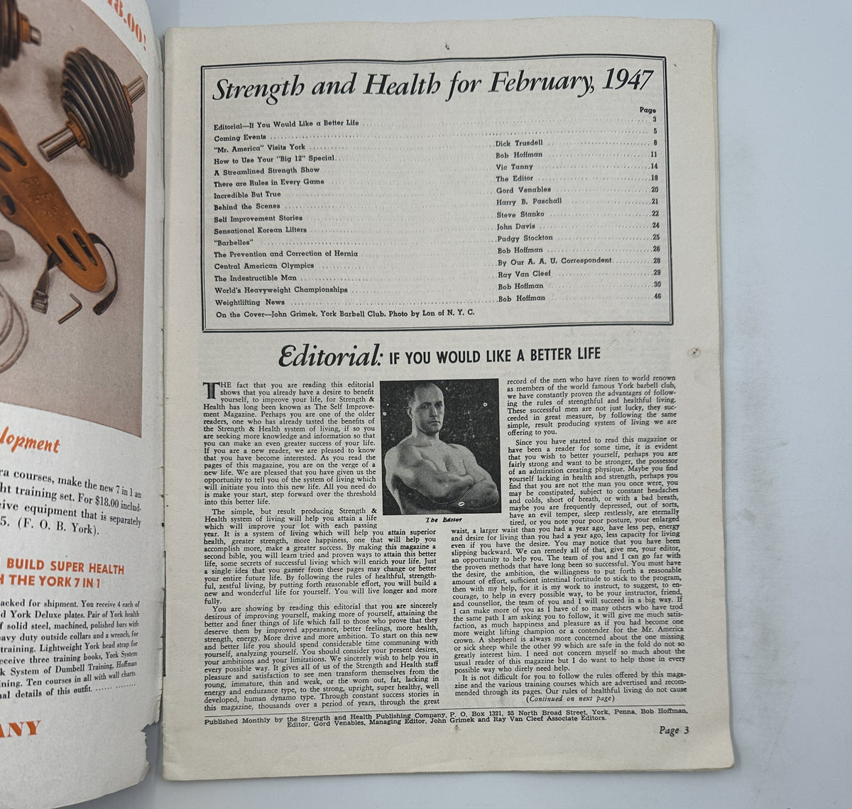 Inside page of Strength and Health Magazine February 1947, presenting the editorial with a photograph of a male model, discussing themes of personal improvement and health.