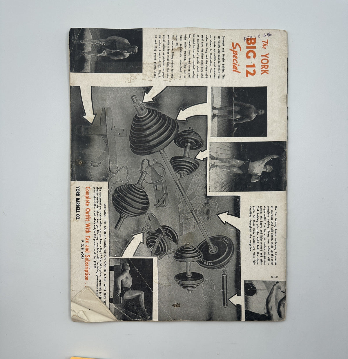 Back cover of Strength and Health Magazine February 1947, illustrating the York Big 12 Special equipment, with graphical highlights and training details for fitness enthusiasts.