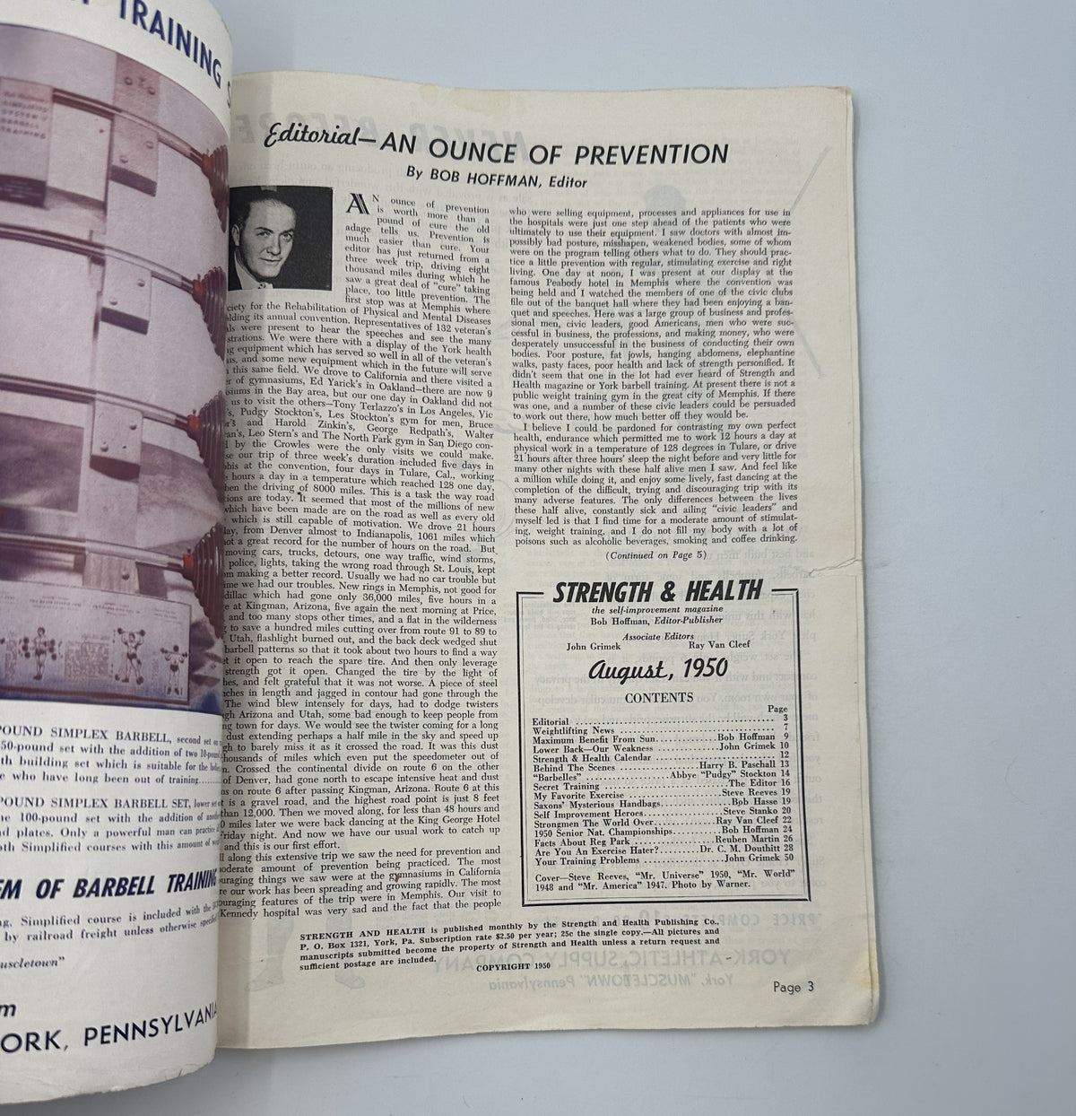 Editorial page from Strength and Health Magazine, August 1950, featuring Bob Hoffman as the editor, discussing fitness and health topics.