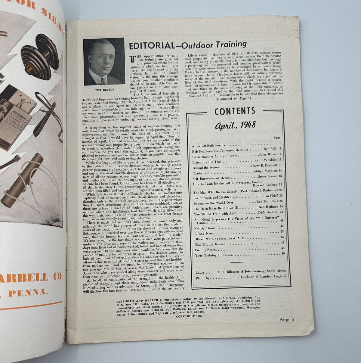 Inner page of Strength and Health Magazine April 1948 displaying the editorial section and table of contents.