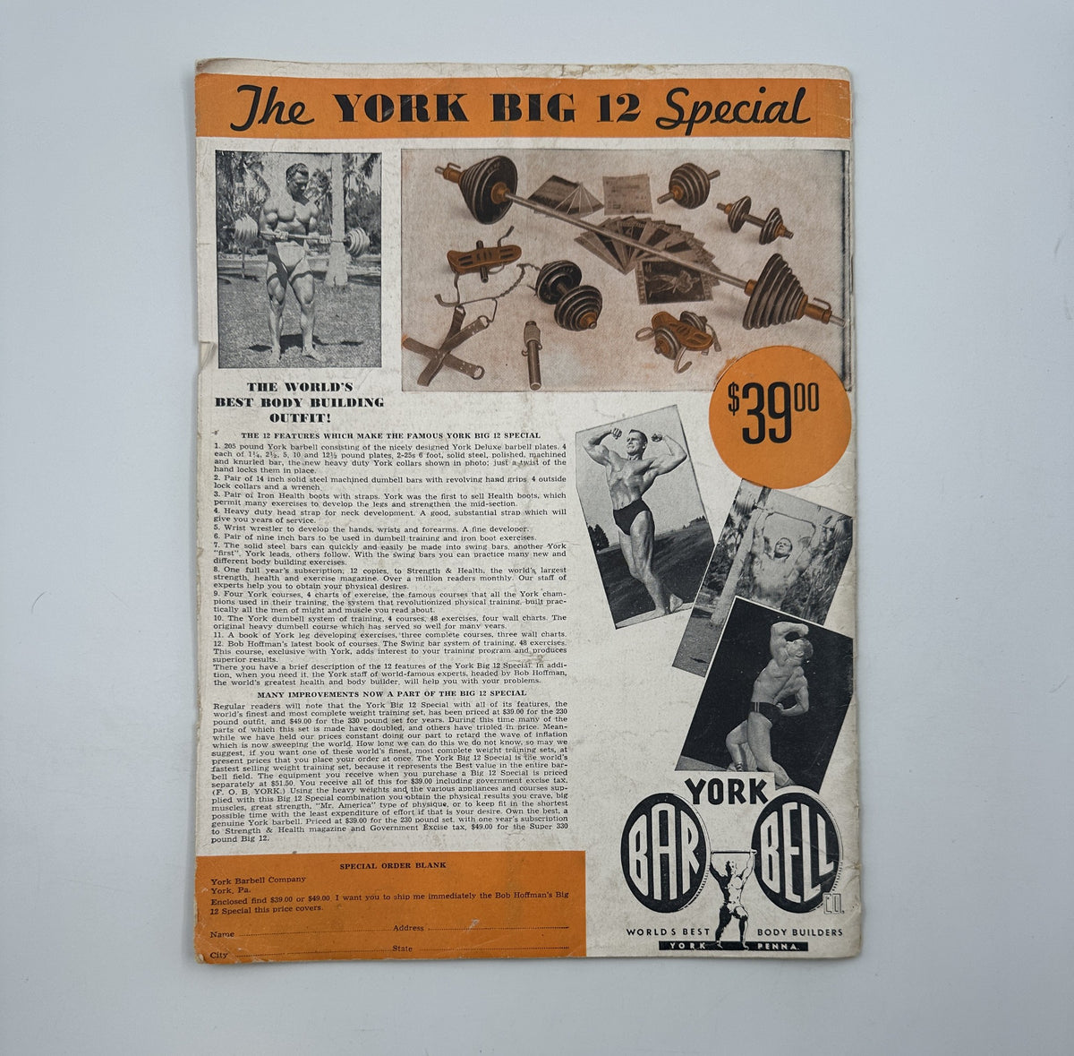 Back cover of Strength and Health Magazine April 1948 advertising the York Big 12 Special bodybuilding equipment.