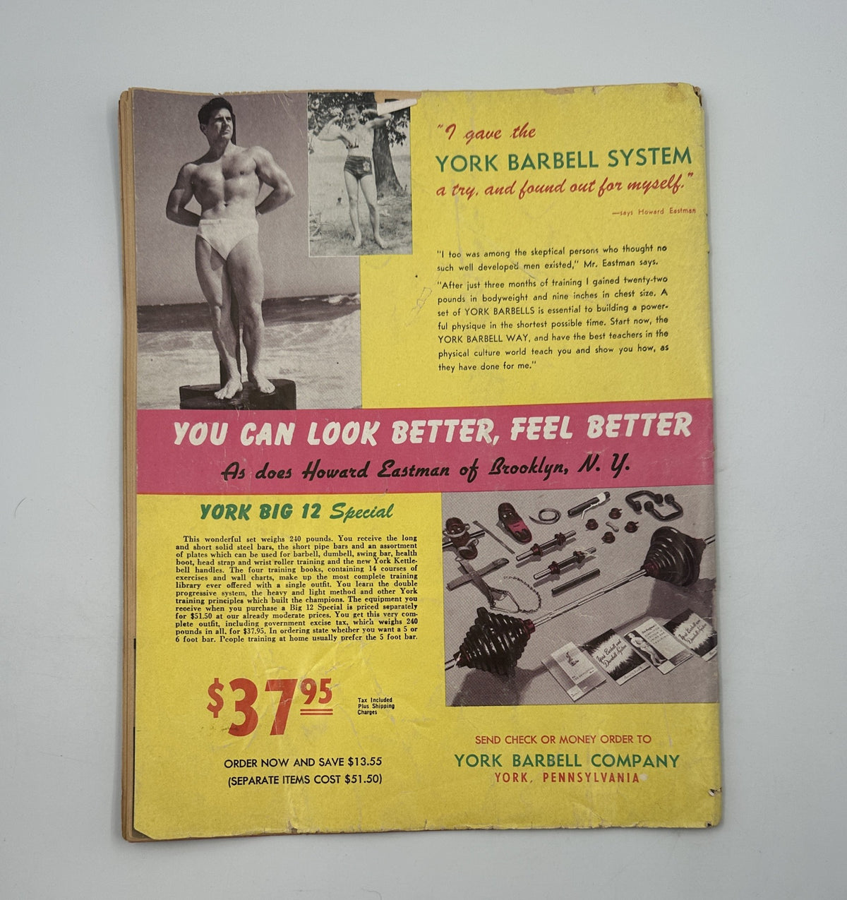 Back cover of Strength and Health Magazine August 1951 promoting the York Barbell System, featuring Howard Eastman and fitness equipment advertisement.