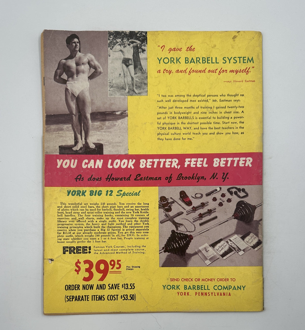 Strength and Health Magazine May 1952 featuring Jim Park and Marge Hulton on the cover, showcasing vintage fitness and bodybuilding content with a promotional page for the York Barbell System.