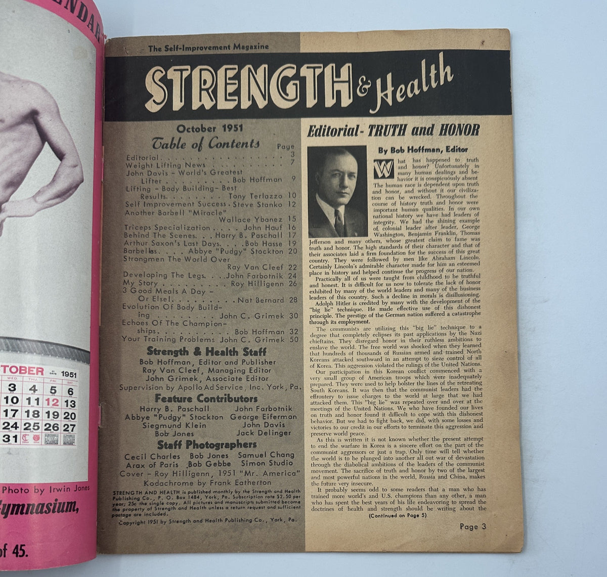 Interior page of Strength and Health Magazine October 1951, displaying the Editorial and Table of Contents, highlighting fitness articles and contributors.