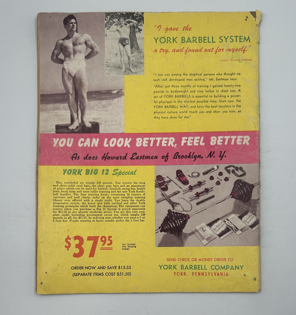 Back cover of Strength and Health Magazine October 1951, advertising the York Barbell System, emphasizing fitness and health benefits.