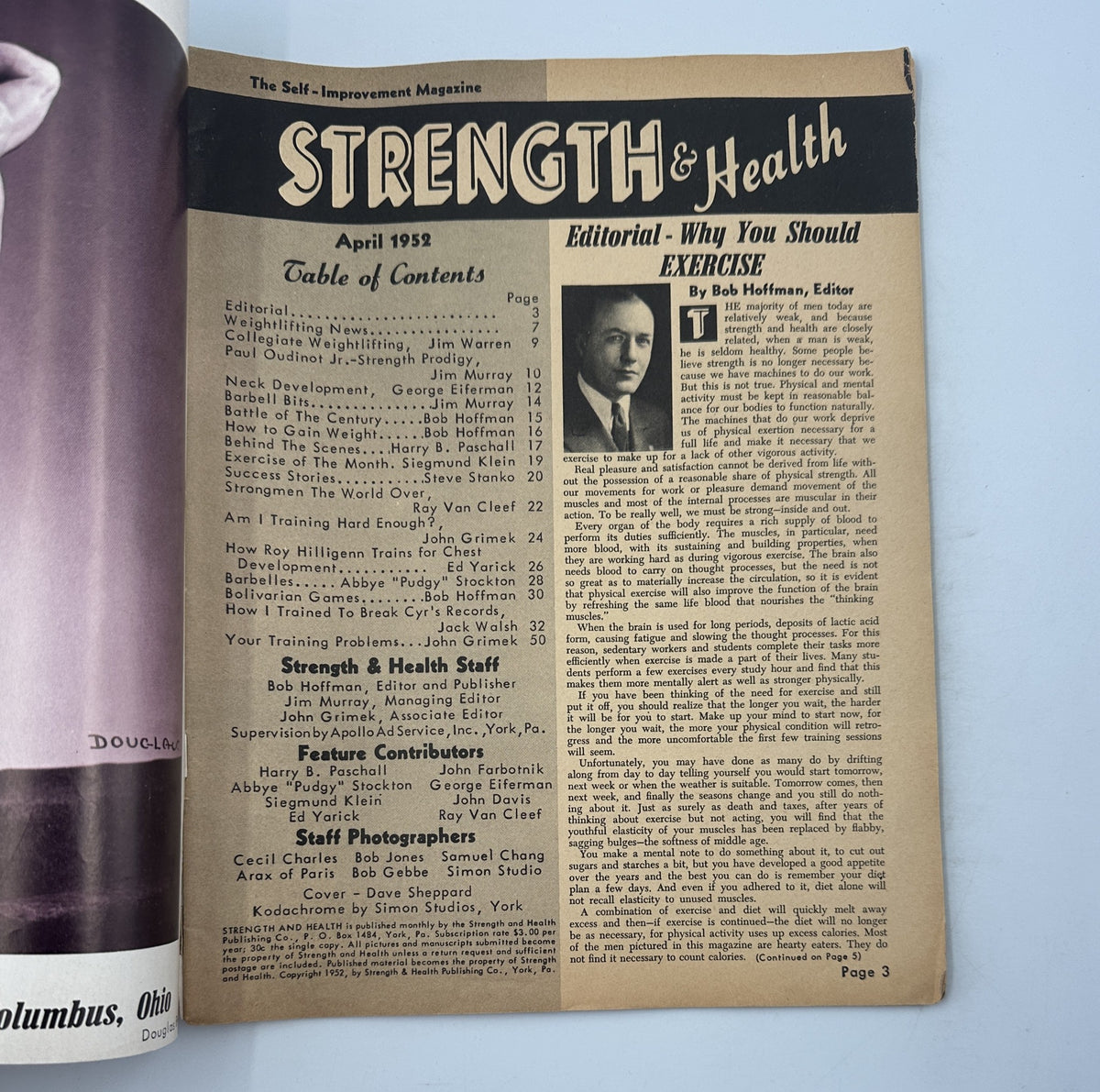 Interior page of Strength and Health Magazine April 1952 displaying the editorial section and table of contents, emphasizing the importance of exercise by editor Bob Hoffman.