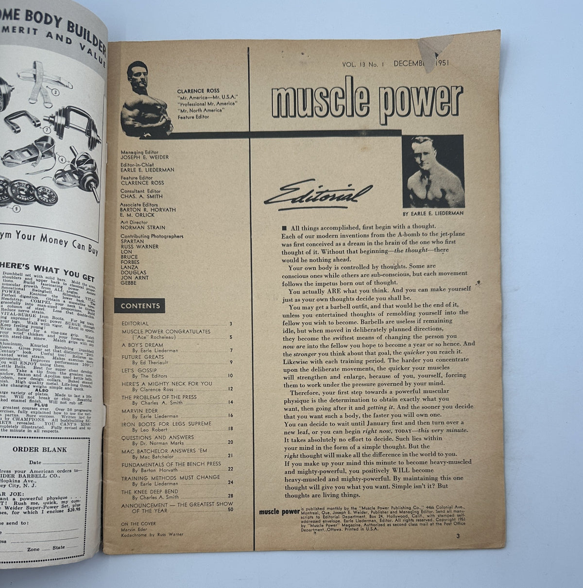 Interior page of Muscle Power Magazine December 1951 displaying the editorial section. This page includes content details, with notable column titles and editorial notes by Earle Liederman.
