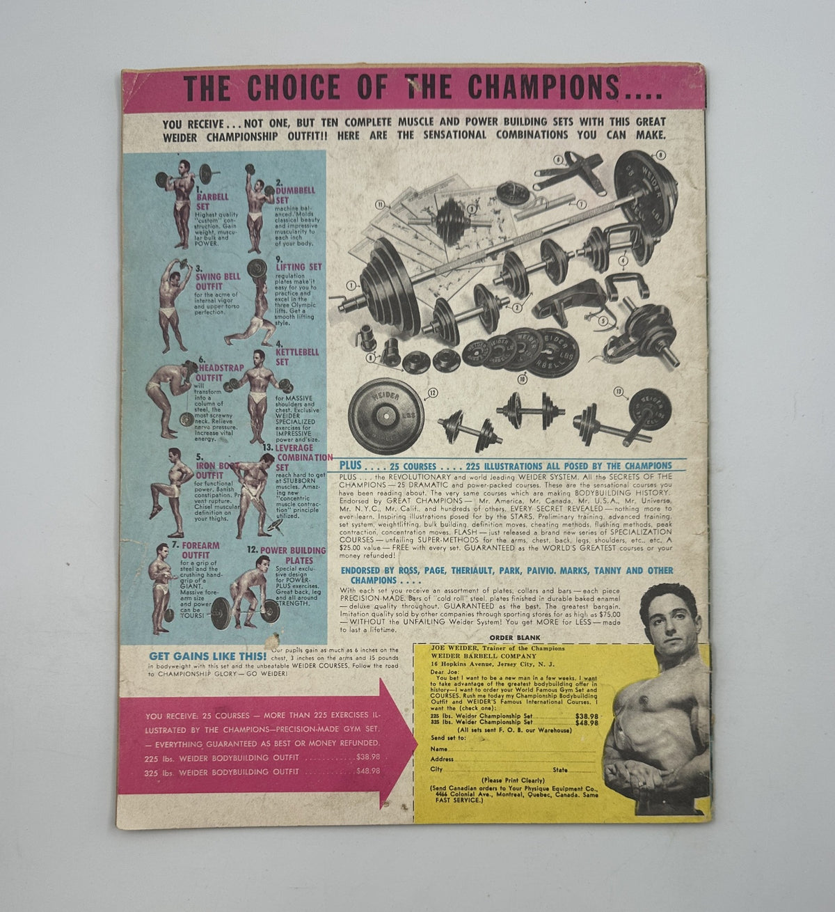 Back cover of Muscle Power Magazine September 1952, advertising various bodybuilding equipment and exercises, highlighting the benefits of a complete bodybuilding set.