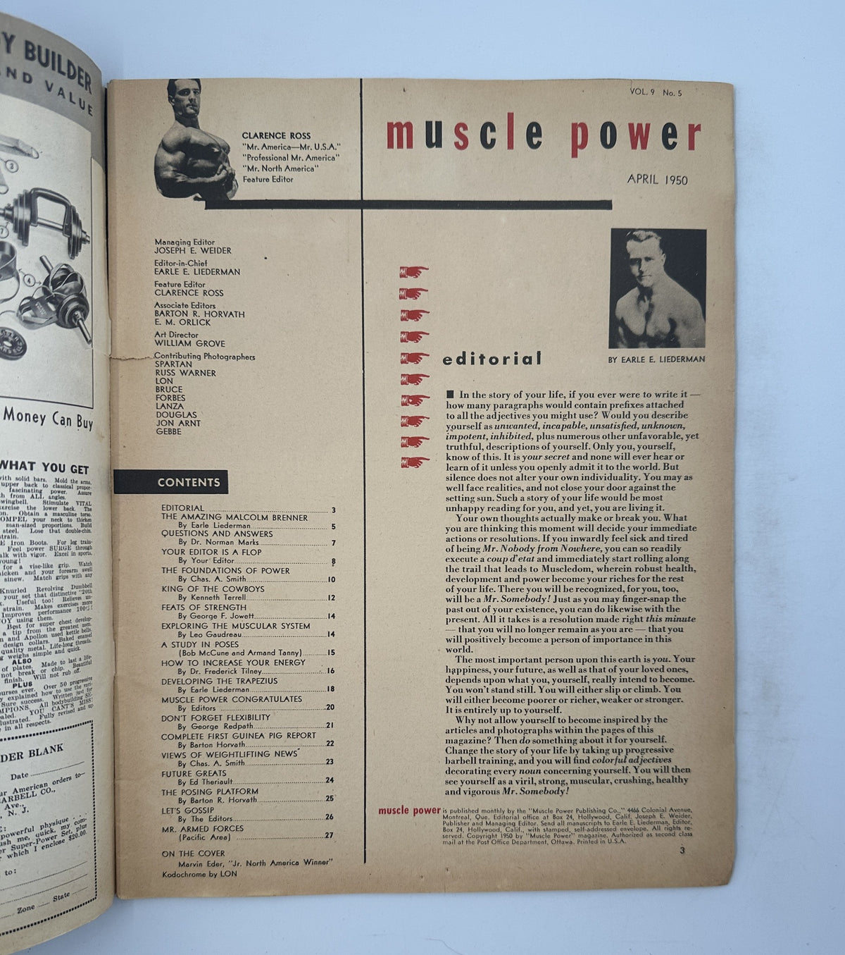 Inside page of Muscle Power Magazine April 1950 displaying the editorial section and table of contents, providing an overview of featured articles.