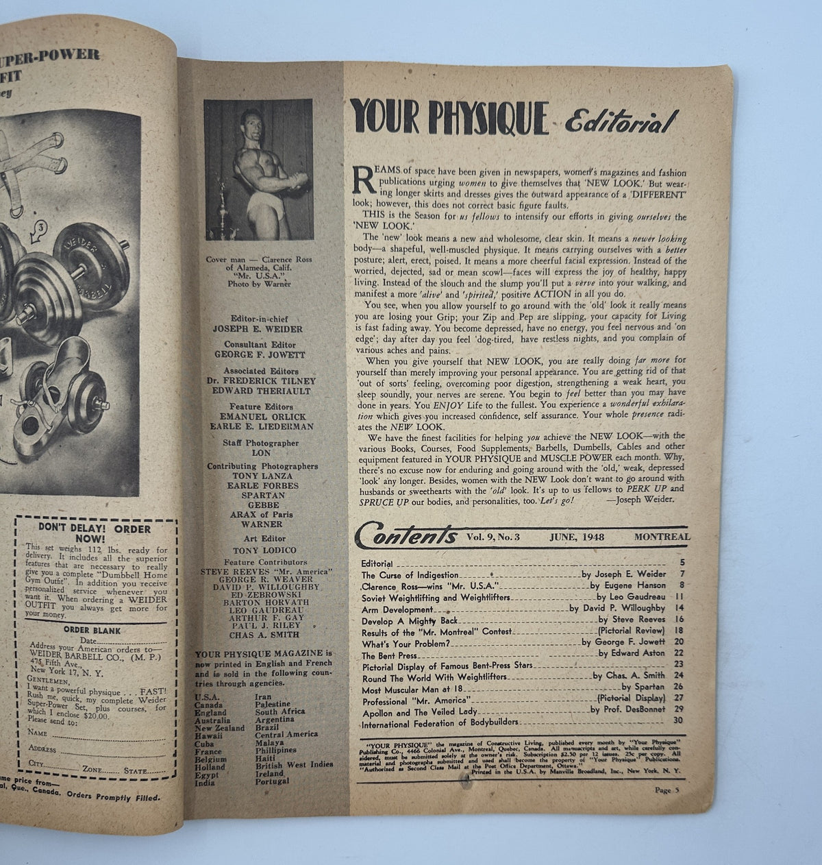 Inside page of Your Physique Magazine June 1948, including editorials and the Table of Contents. The page features articles on bodybuilding, fitness, and notable figures in the sport.