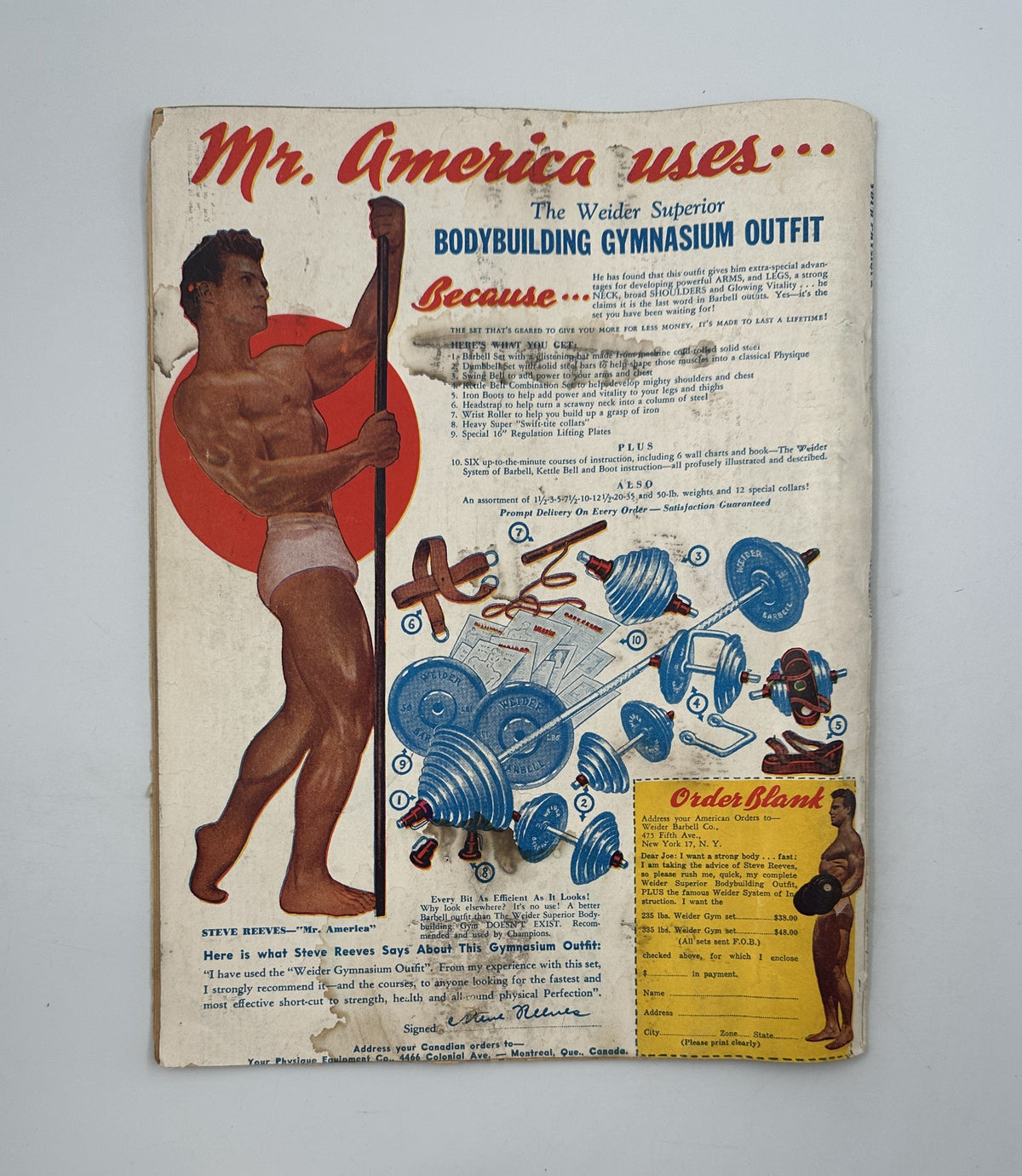 Mr. America uses... advertisement featuring bodybuilding equipment and a muscular figure, from Your Physique Magazine June 1948 cover with Clarence Ross, Mr. USA.