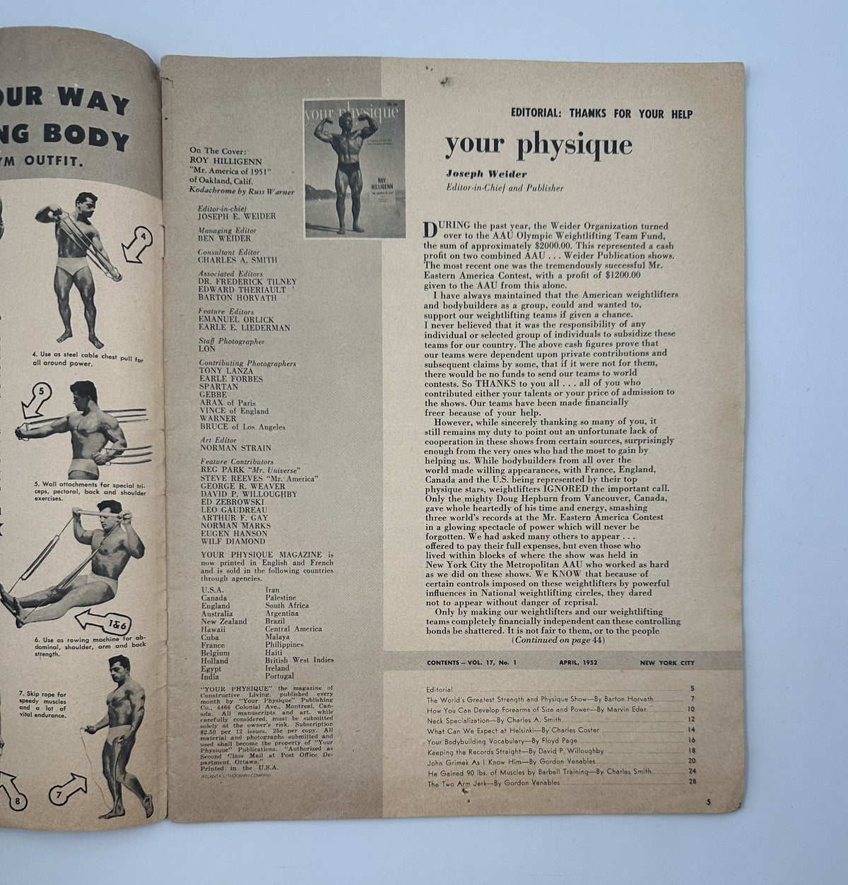 Inside page of 'Your Physique Magazine' from April 1952 featuring an editorial section and a photo of Roy Hilligenn, Mr. America, along with contents list.
