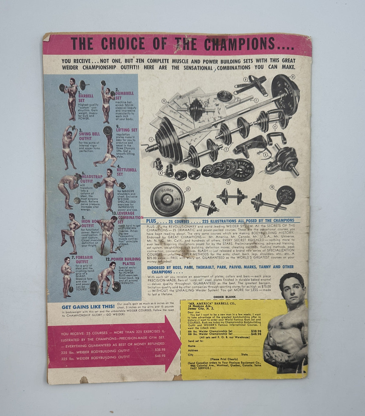 Back cover of 'Your Physique Magazine' April 1952, advertising weightlifting equipment and showcasing bodybuilding illustrations, emphasizing the choice of champions.