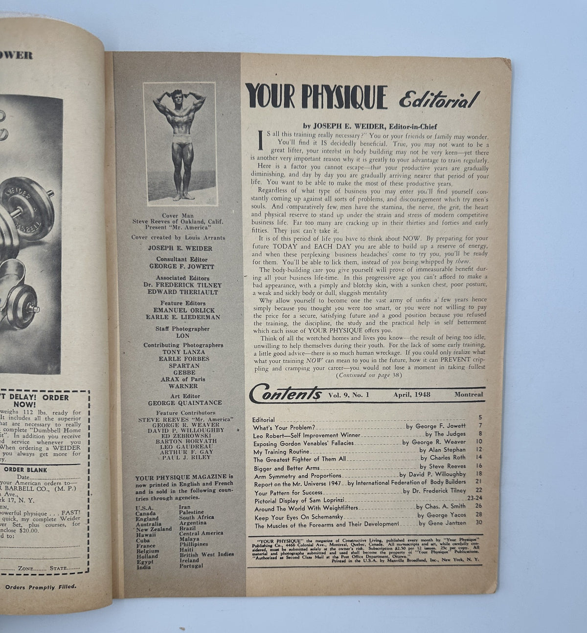Inside page of Your Physique Magazine April 1948, the editorial section by Joseph E. Weider highlighting strength training and bodybuilding insights.