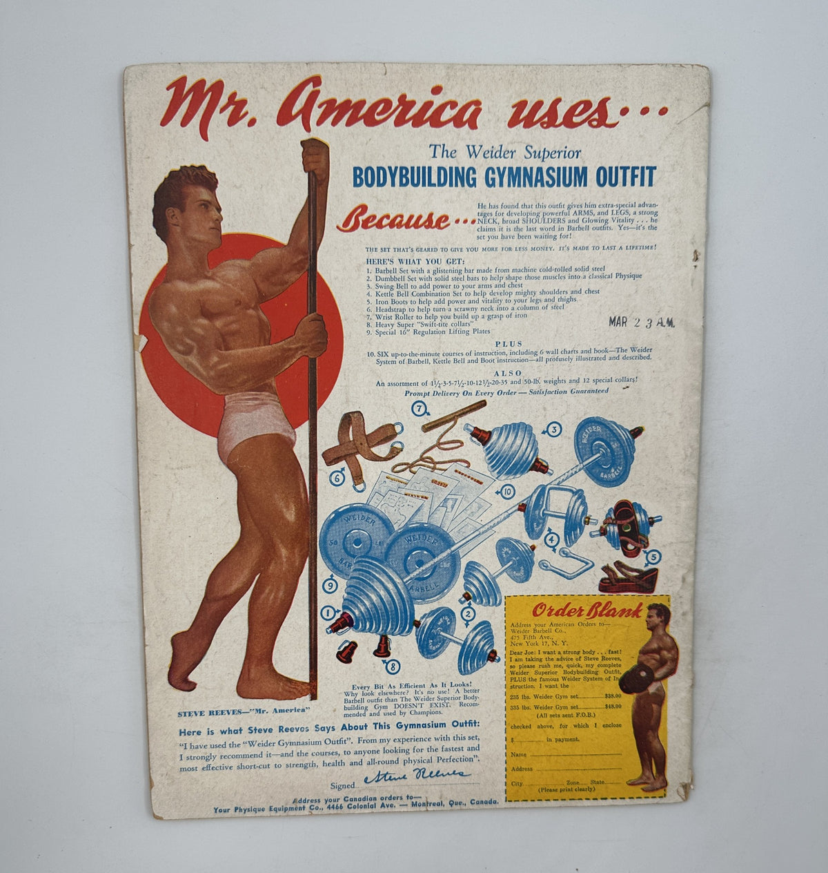 Back cover of Your Physique Magazine April 1948 promoting the Weider bodybuilding gymnasium outfit with an illustration of Mr. America Steve Reeves.