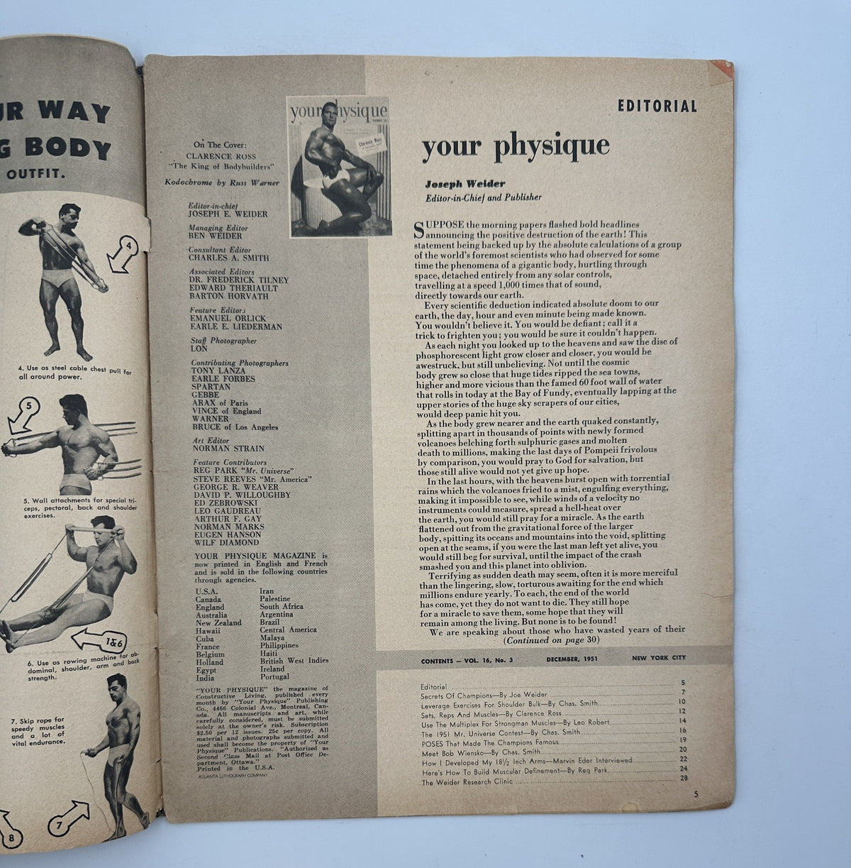 Editorial page from Your Physique Magazine December 1951, featuring Joseph Weider as editor-in-chief along with an introduction to fitness and bodybuilding.