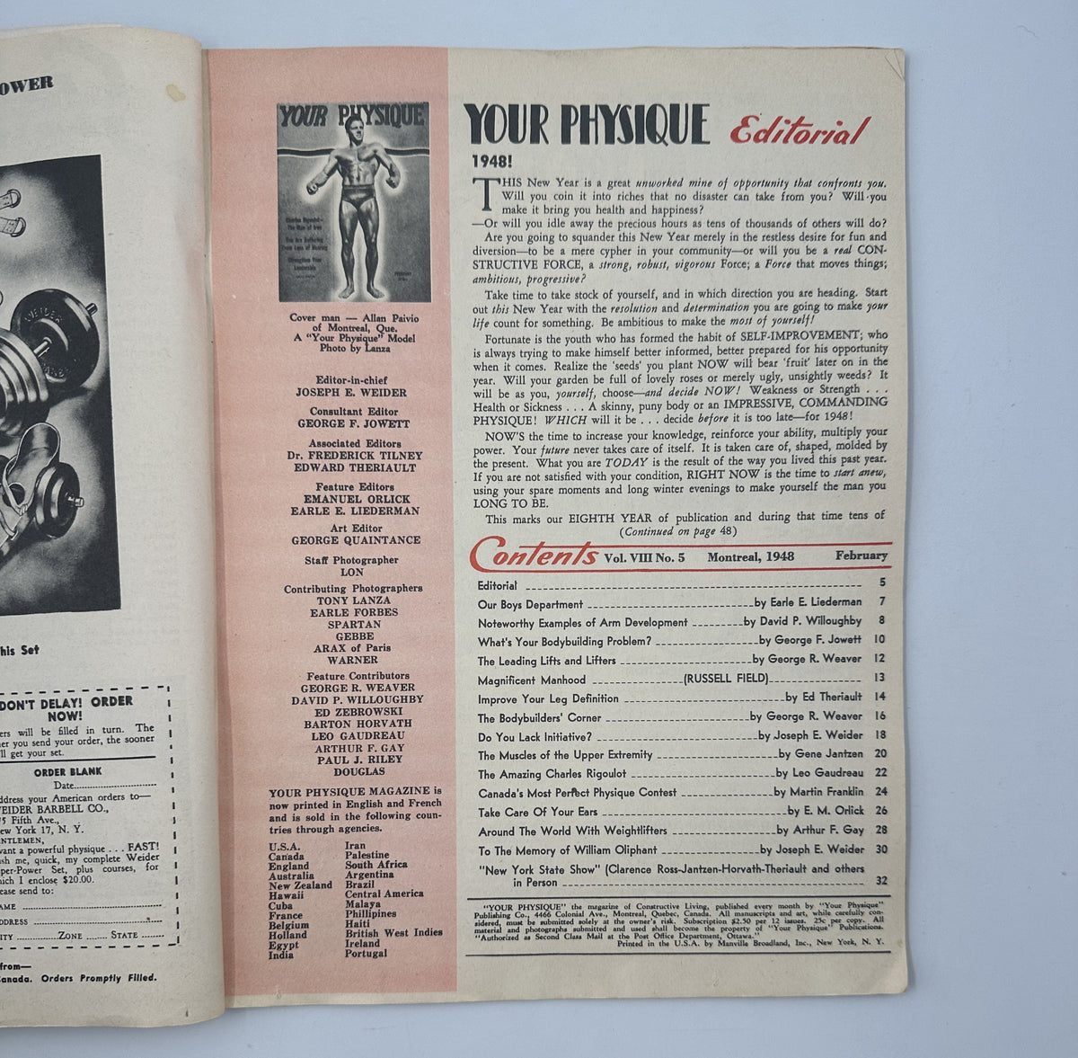 Inside page of Your Physique Magazine February 1948 showing the editorial section and table of contents. This includes articles by notable authors on bodybuilding topics, contributing to the magazine's focus on physical fitness and training.