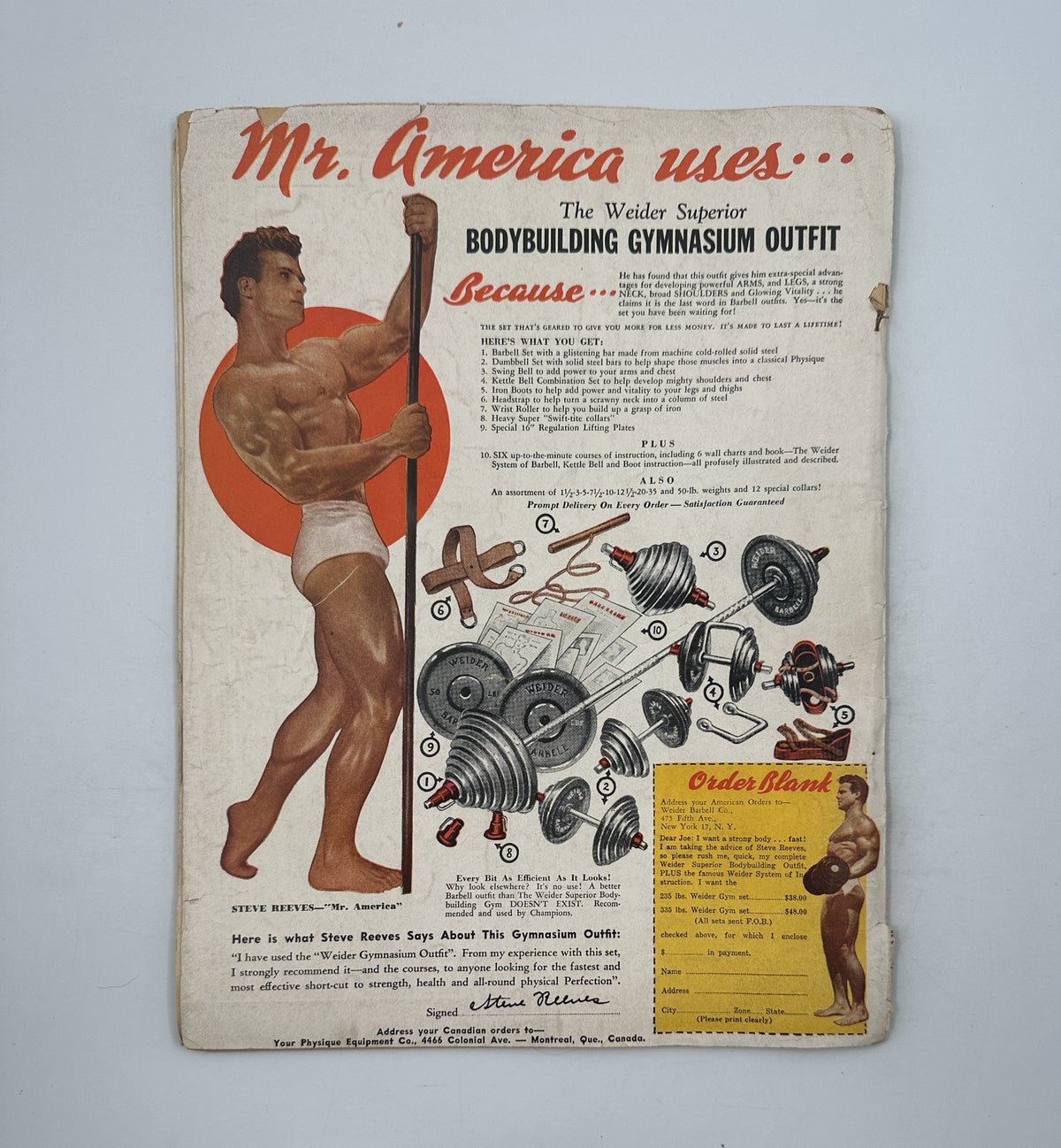 Cover page of Your Physique Magazine February 1948 featuring a vintage bodybuilding advertisement showcasing Mr. America with weightlifting equipment, emphasizing the Weider Superior Bodybuilding Gymnasium Outfit.