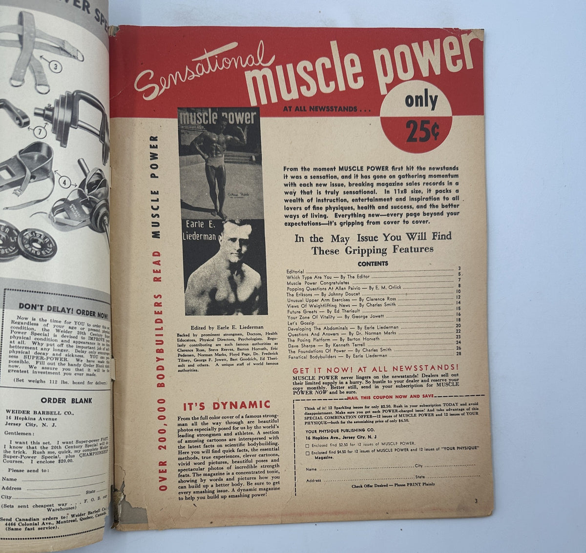 Your Physique Magazine May 1950 featuring a bold cover headline 'Sensational Muscle Power,' highlighting content related to bodybuilding and fitness, featuring Earle E. Liederman.