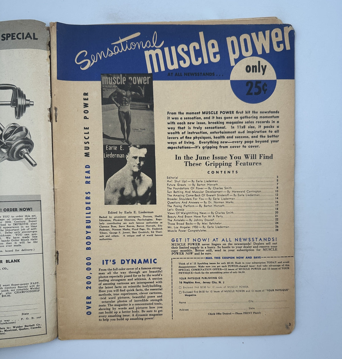 Inside page of Your Physique Magazine June 1950, highlighting the contents related to bodybuilding and fitness, with a focus on muscle power.