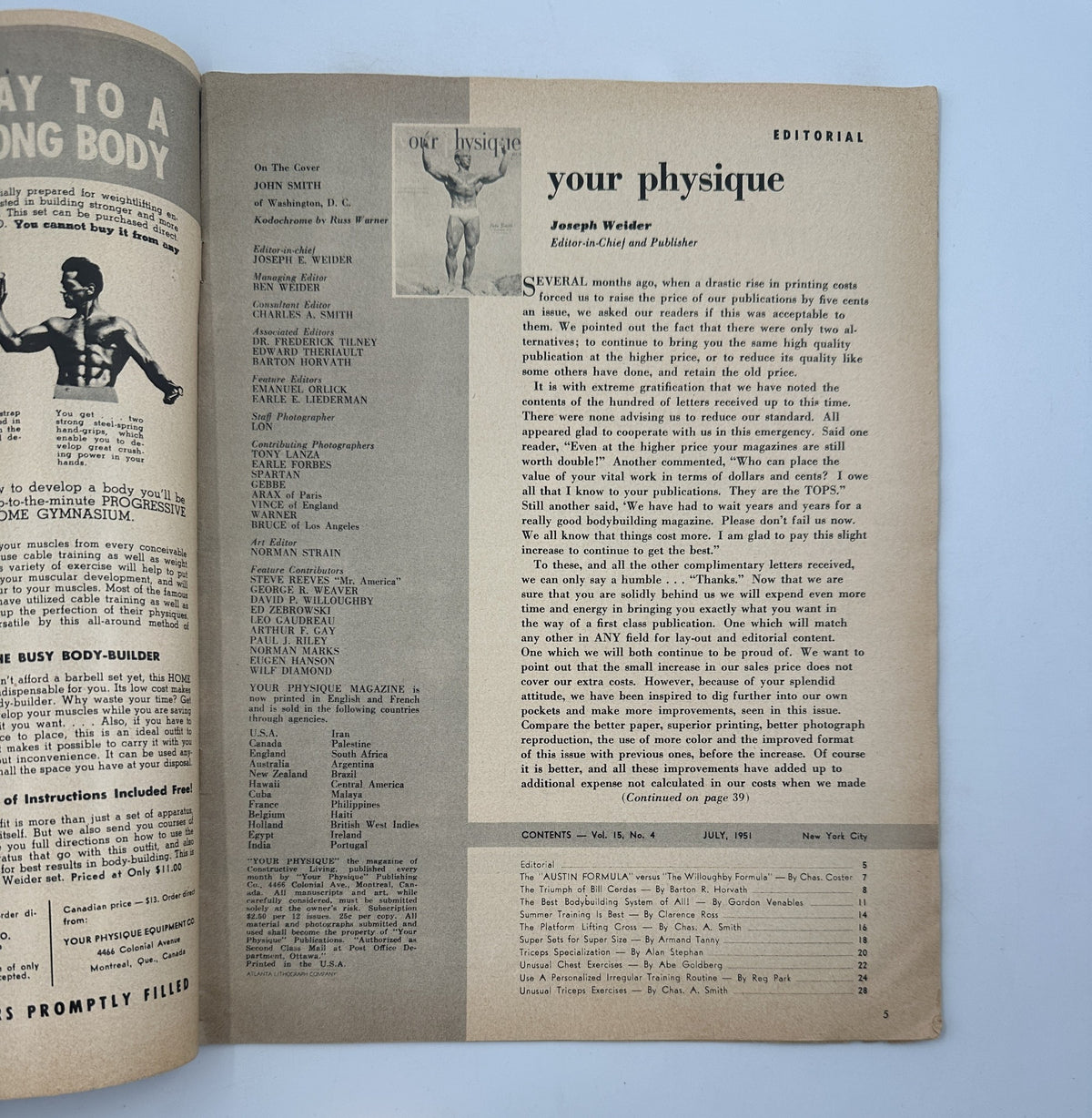 Editorial page inside Your Physique Magazine July 1951, including an introduction by Joseph Walker and a detailed table of contents highlighting various articles on bodybuilding.