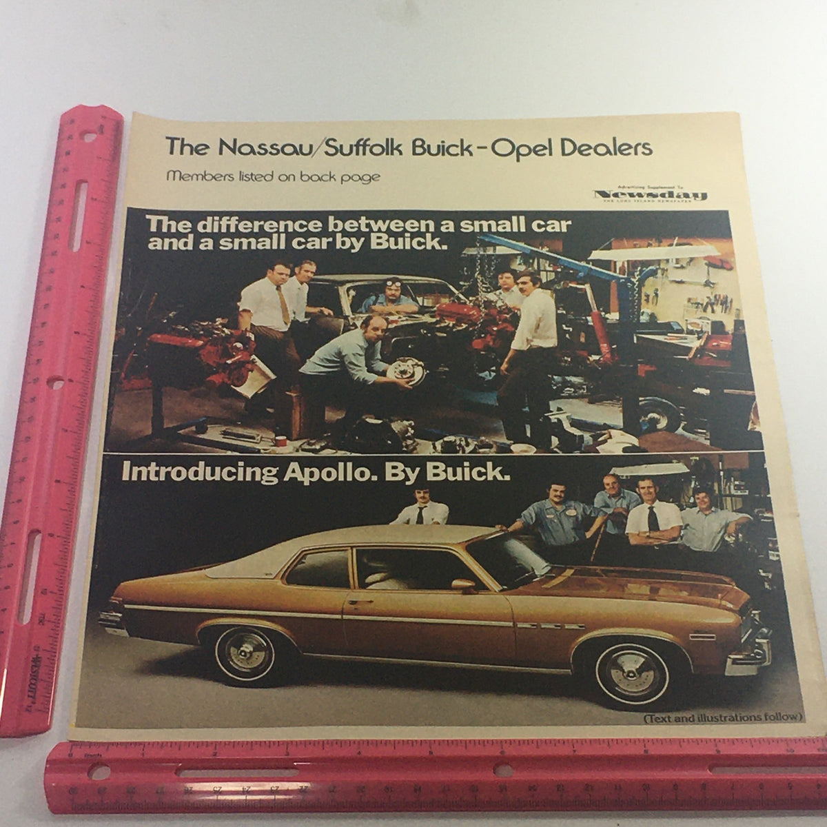 Cover image of the 1970s Buick-Opel Apollo Dealership Car Auto Brochure with a ruler for scale, highlighting the Apollo car and promotional text.