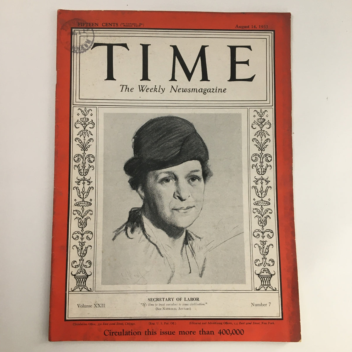 Time Magazine August 14 1933 Cover featuring U.S. Secretary of Labor Frances Perkins with illustration detailing her contributions and significance in American history.