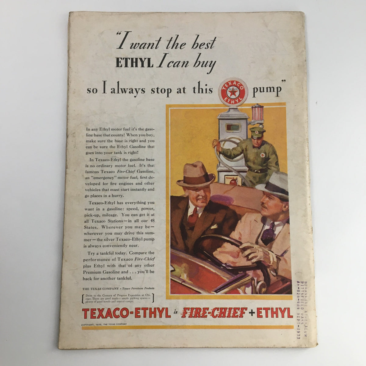Back cover of Time Magazine June 5, 1933, featuring an advertisement for Texaco Ethyl gasoline, highlighting vintage marketing.