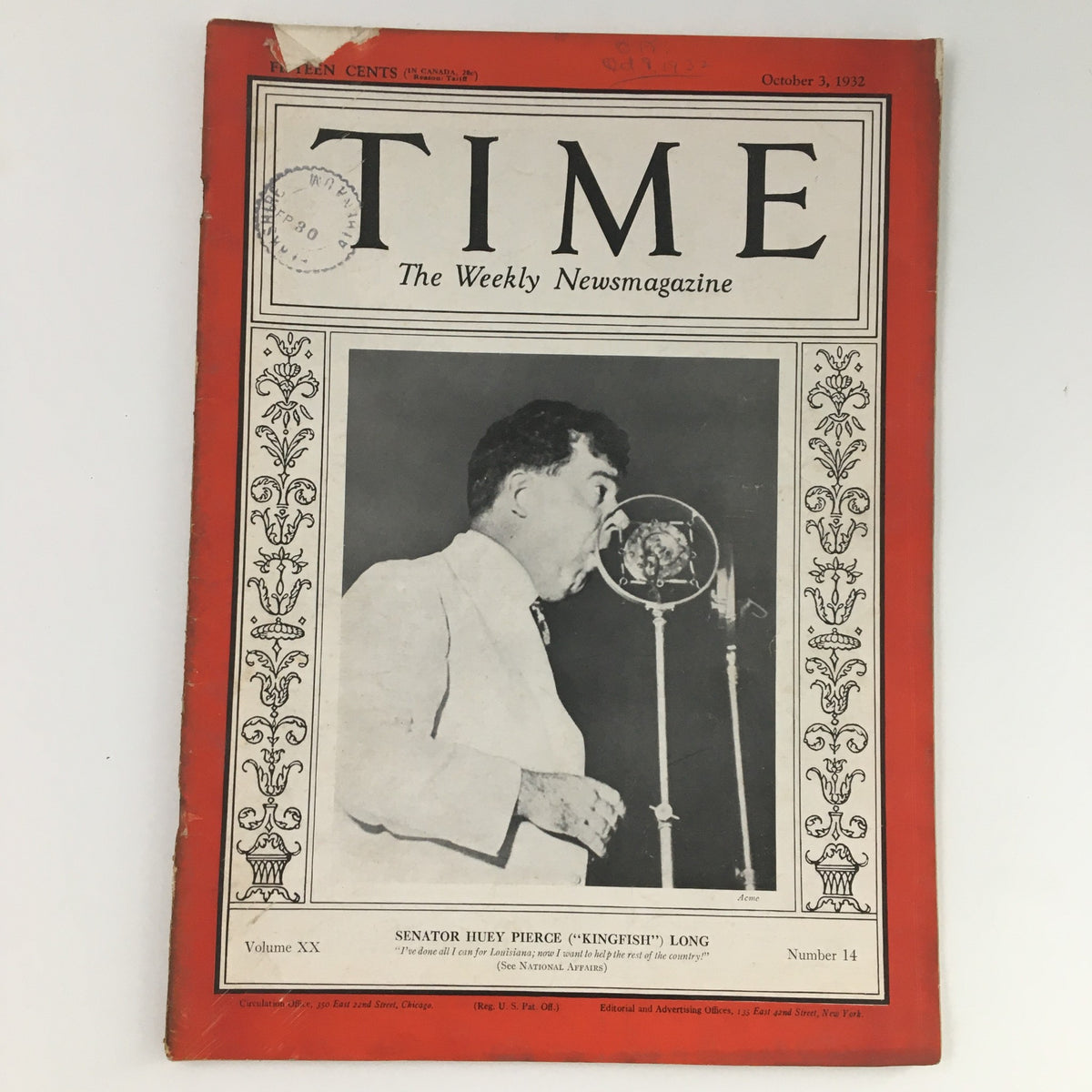 Time Magazine cover from October 3, 1932, featuring Huey Pierce Long Jr. speaking into a microphone, showcasing historical American political themes during the Great Depression.