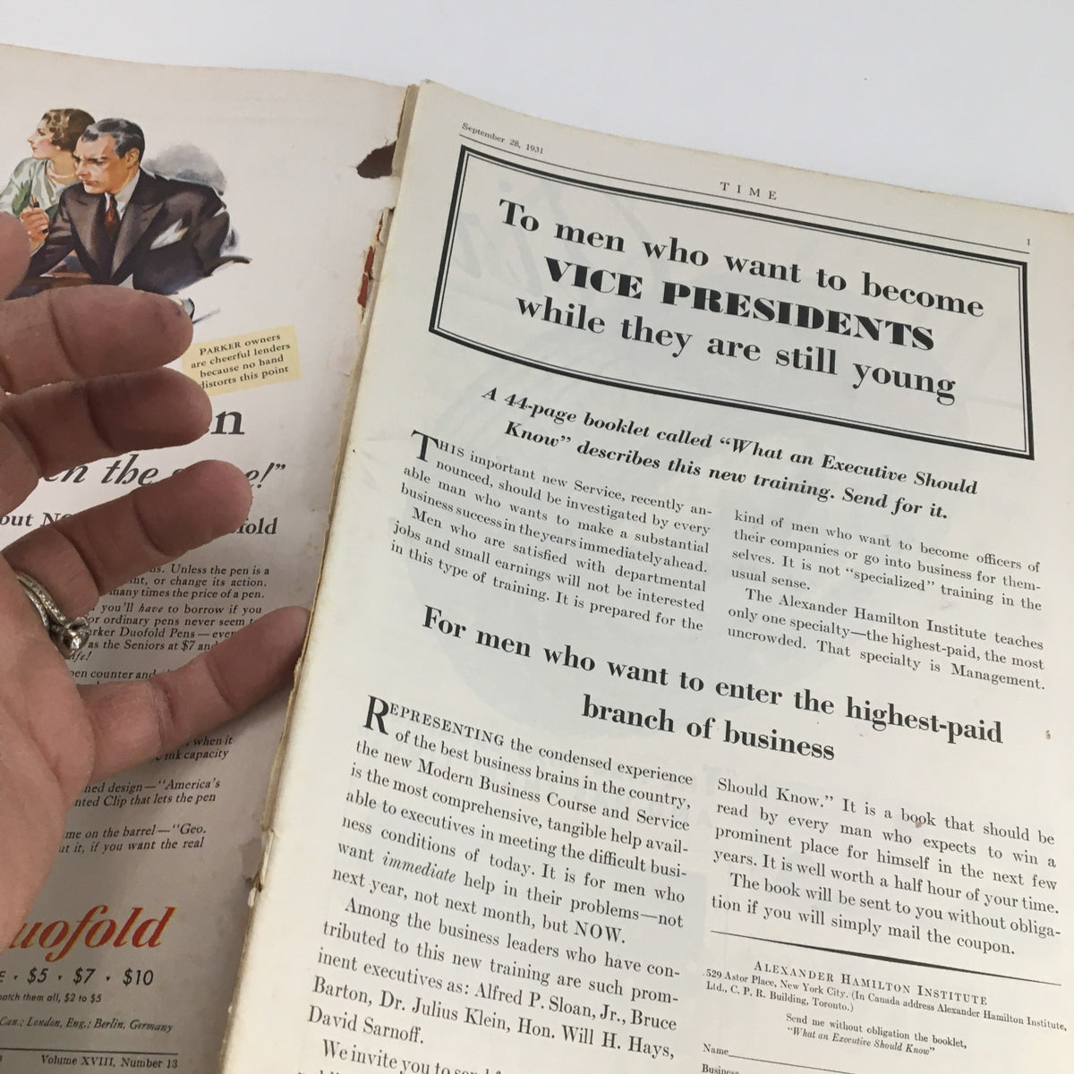 Interior page of Time Magazine September 28 1931, Vol 18 #13 highlighting an advertisement for executive training.