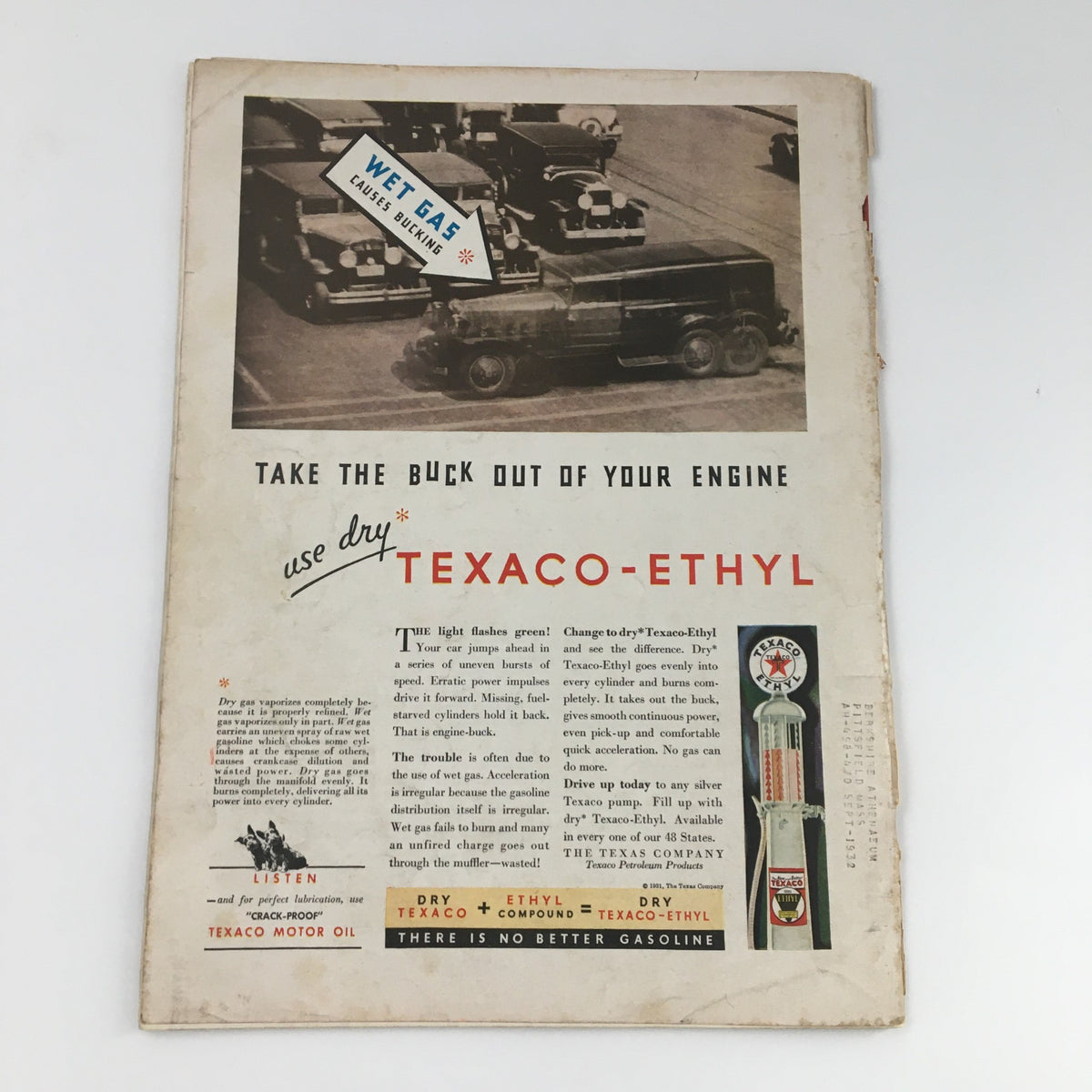 Back page of Time Magazine September 28 1931, Vol 18 #13 showcasing a Texaco Ethyl gasoline advertisement.
