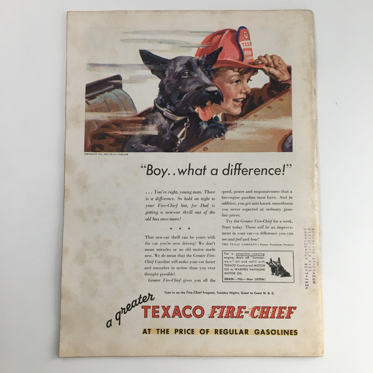 Back cover of Time Magazine November 20, 1933 showcasing an advertisement for Texaco Fire-Chief gasoline, featuring a young boy and a dog, illustrating nostalgic Americana.