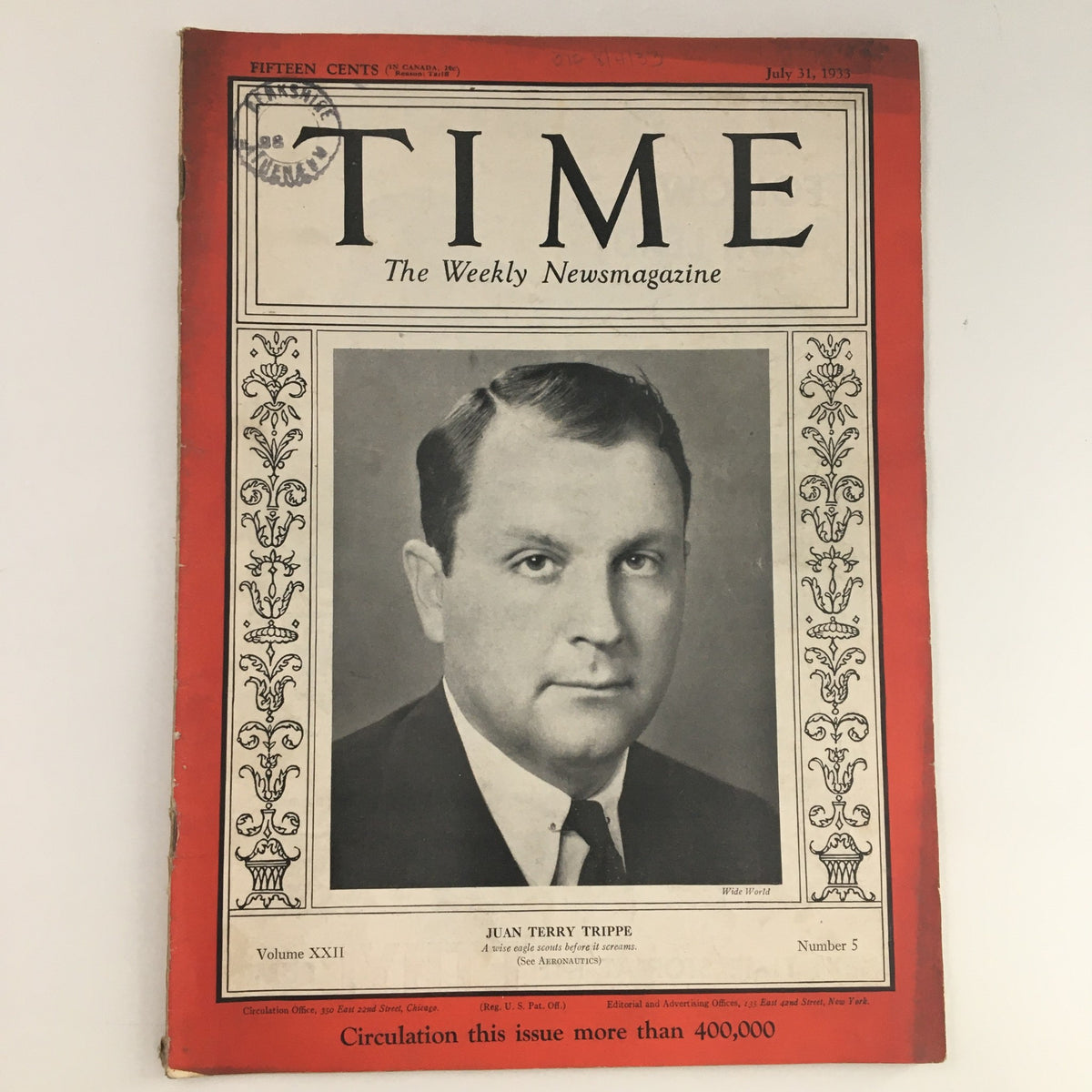 Cover of Time Magazine July 31, 1933, featuring American entrepreneur Juan Terry Trippe, Volume 22, Number 5.