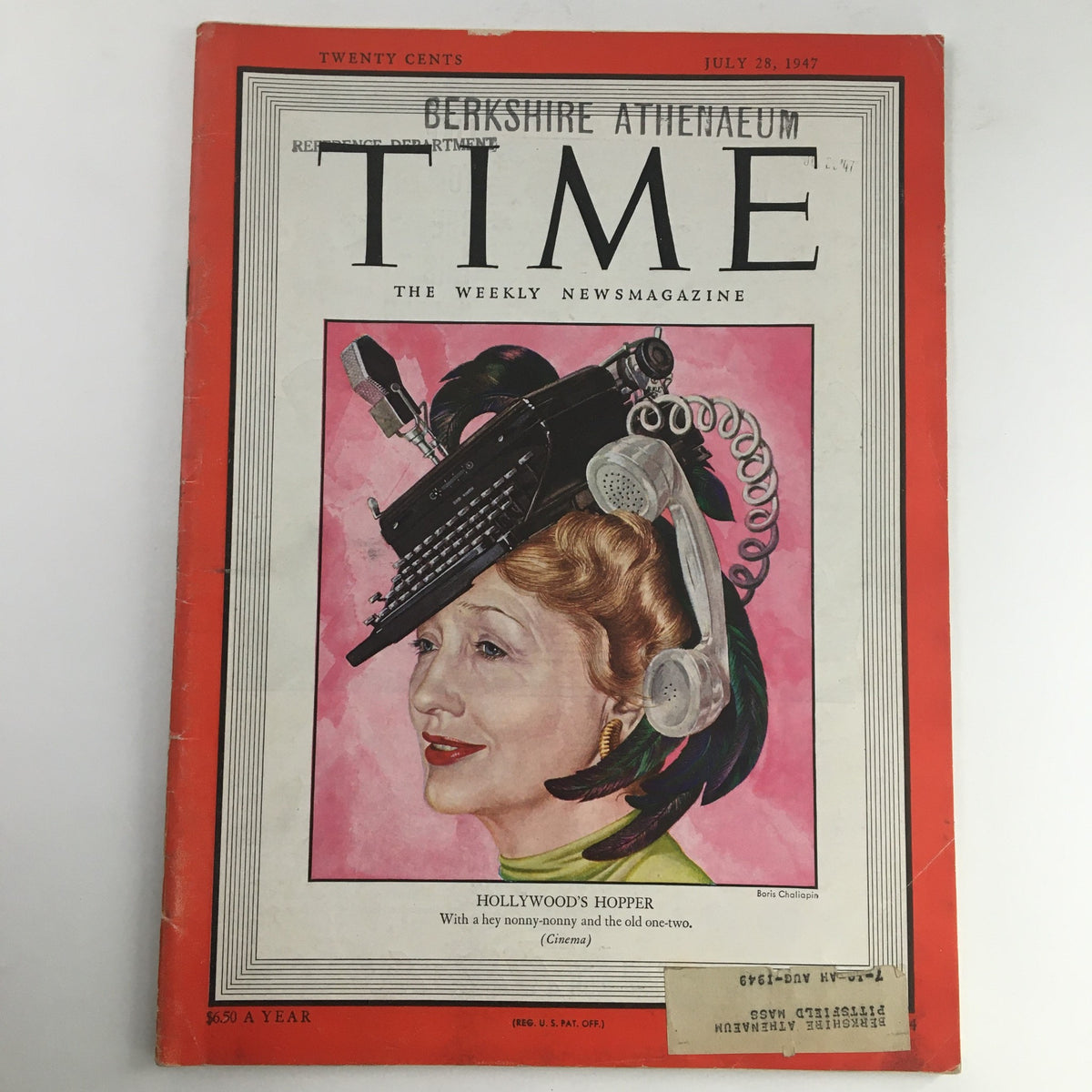 Cover of Time Magazine dated July 28, 1947, featuring a colorful illustration of Hollywood film critic Hedda Hopper with a vintage styling theme, titled 'Hollywood's Hopper'.