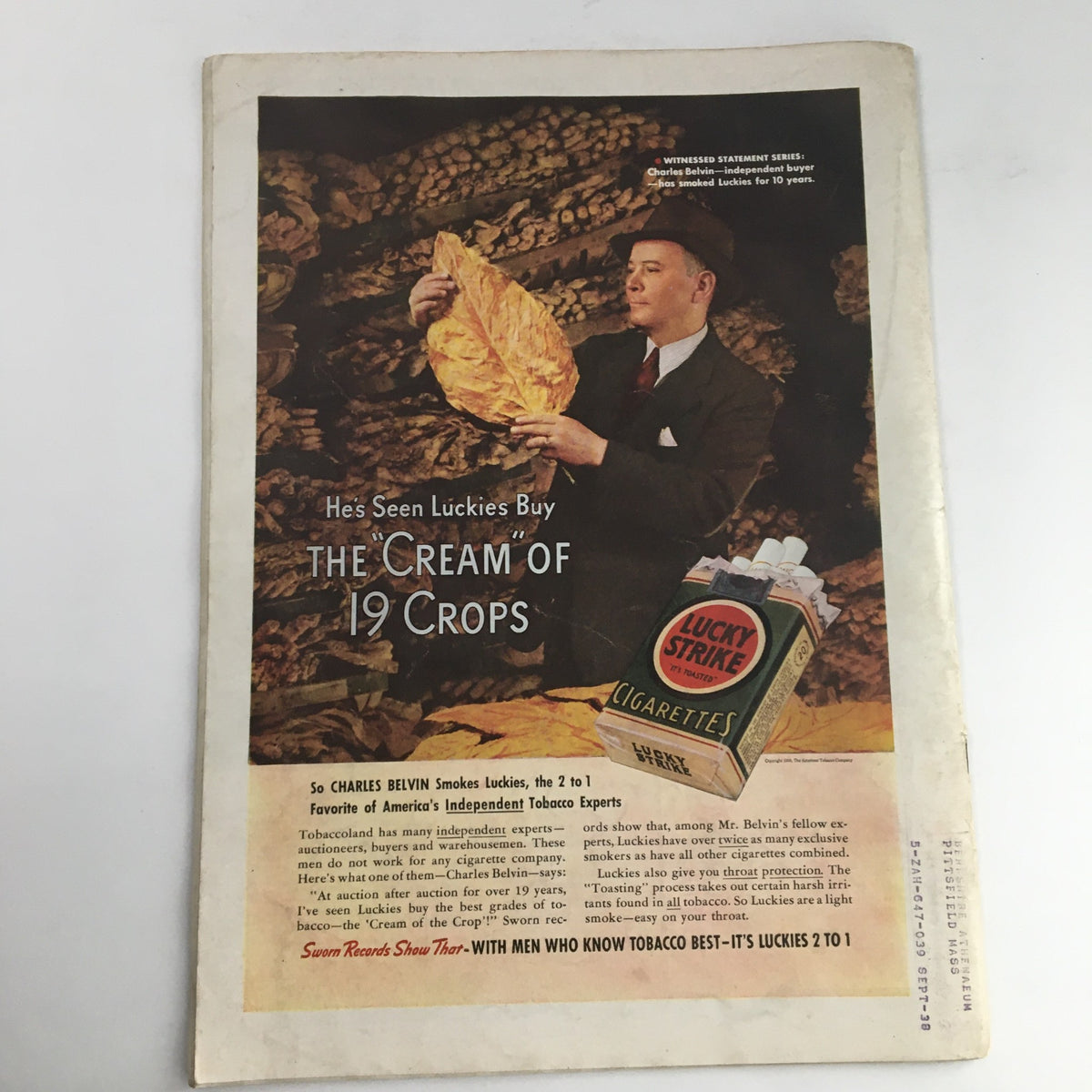 Vintage advertisement from Time Magazine August 8 1938 promoting Lucky Strike cigarettes with a depiction of independent tobacco expert Charles Belvin showcasing high-quality tobacco leaves.