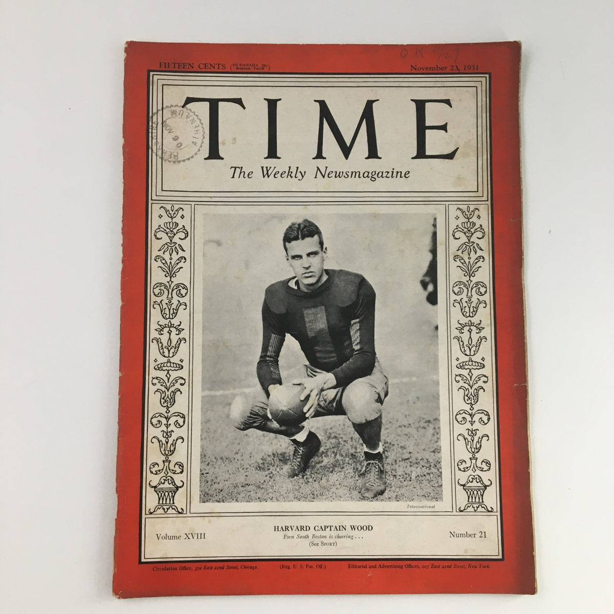 Time Magazine November 23 1931 featuring Harvard Crimson Captain Barry Wood on the cover, showcasing vintage sports history and early 20th-century culture.
