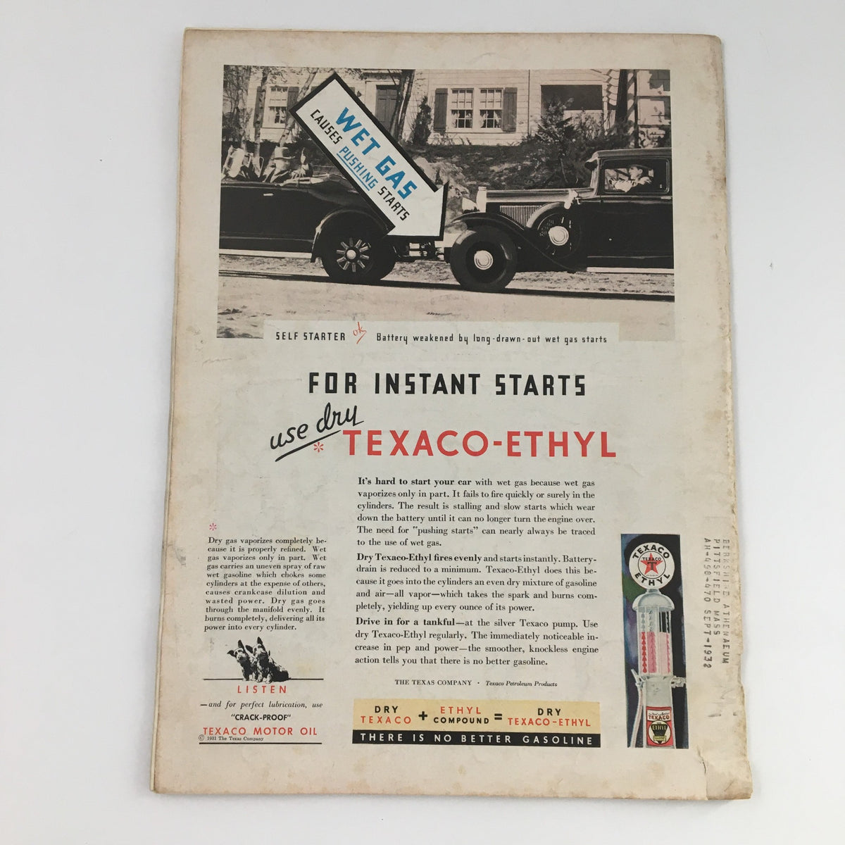 Back cover of Time Magazine November 23 1931, featuring an advertisement for Texaco-Ethyl gasoline and a vintage automobile, illustrating classic automotive marketing from the 1930s.