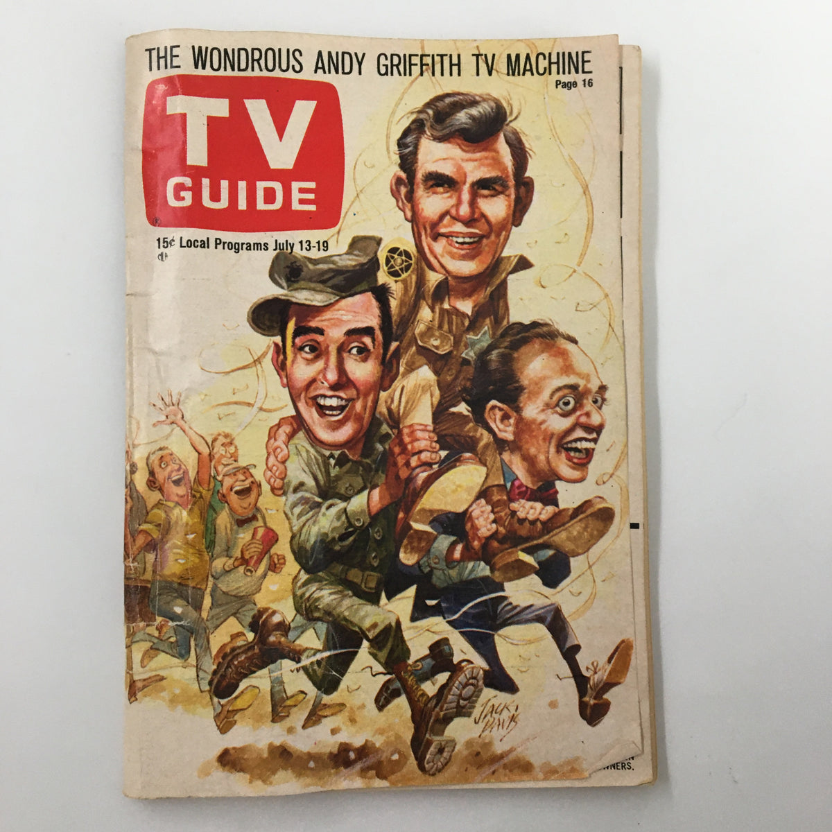Cover of TV Guide Magazine July 13, 1968 featuring cartoon depictions of Jim Nabors and Don Knotts in a lively comedic scene.
