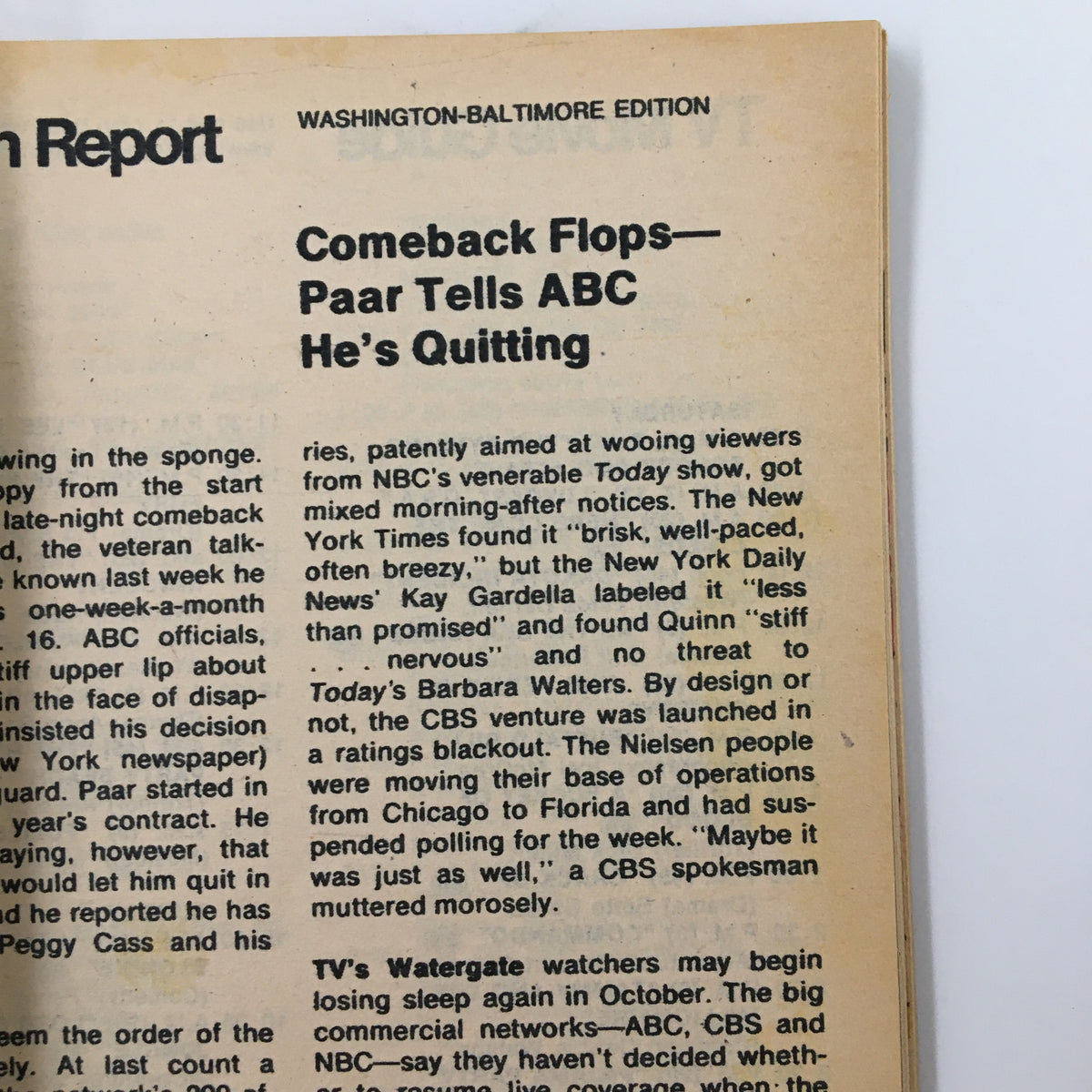 TV Guide Magazine August 18 1973 cover featuring Washington-Baltimore edition article titled 'Comeback Flops—Paar Tells ABC He's Quitting', showcasing vintage television news and cultural insights from the era.