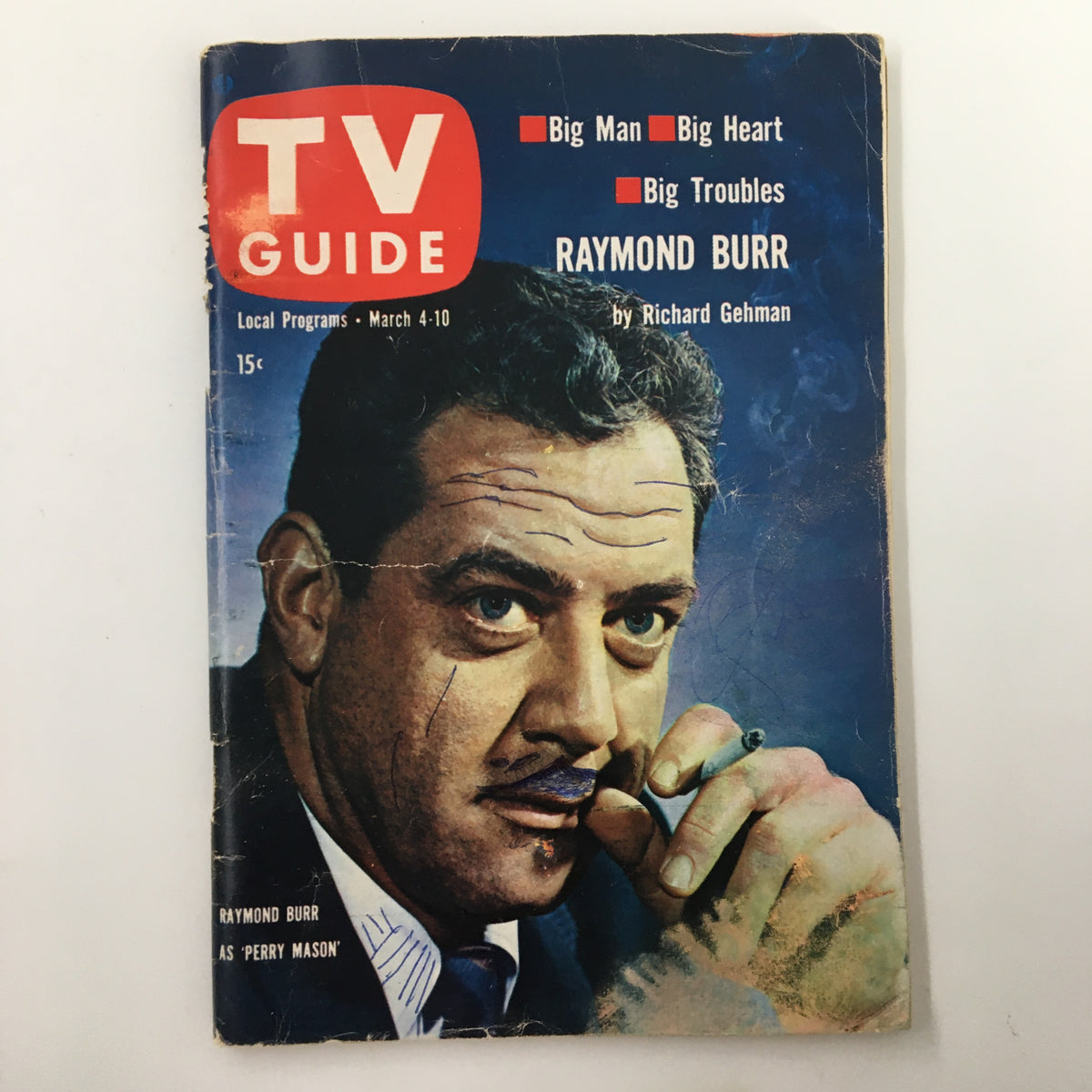 TV Guide Magazine March 4 1961 cover featuring Raymond Burr, highlighting the theme 'Big Man, Big Heart, Big Troubles'.