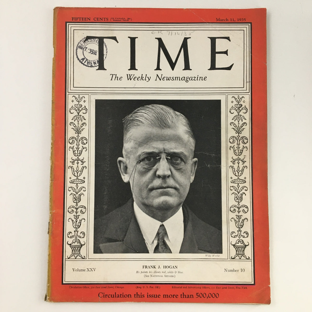 Time Magazine March 11, 1935, Volume 25, Number 10 featuring American lawyer Frank J. Hogan on the cover with a black and white portrait, capturing historical significance related to the legal landscape of the 1930s.