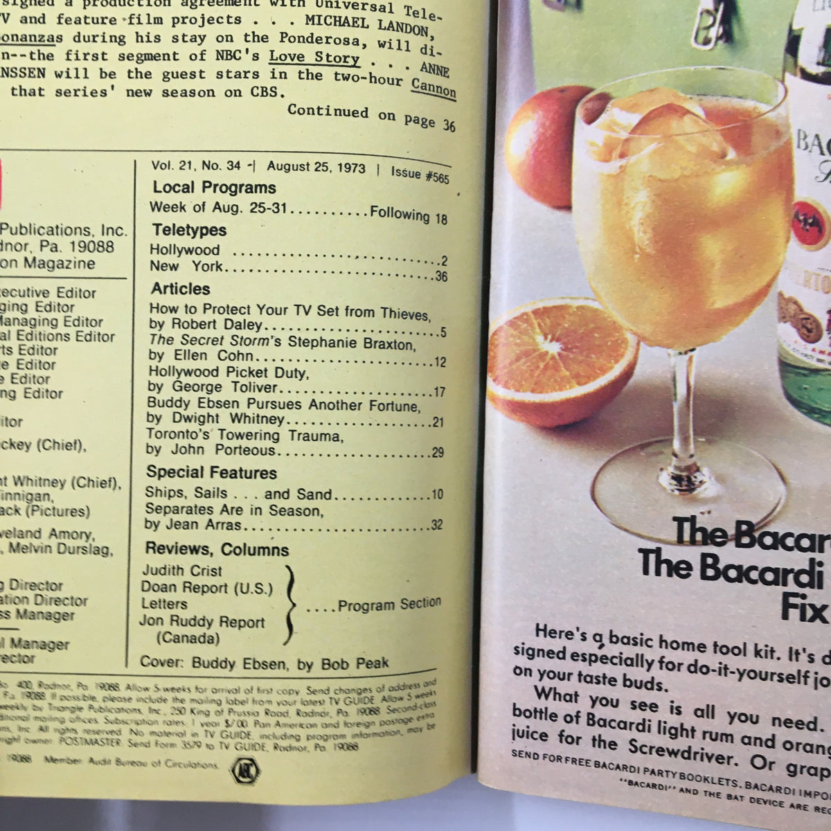 Inside page of the TV Guide Magazine August 25, 1973, showcasing articles, including a feature on protecting your television and a drink advertisement.