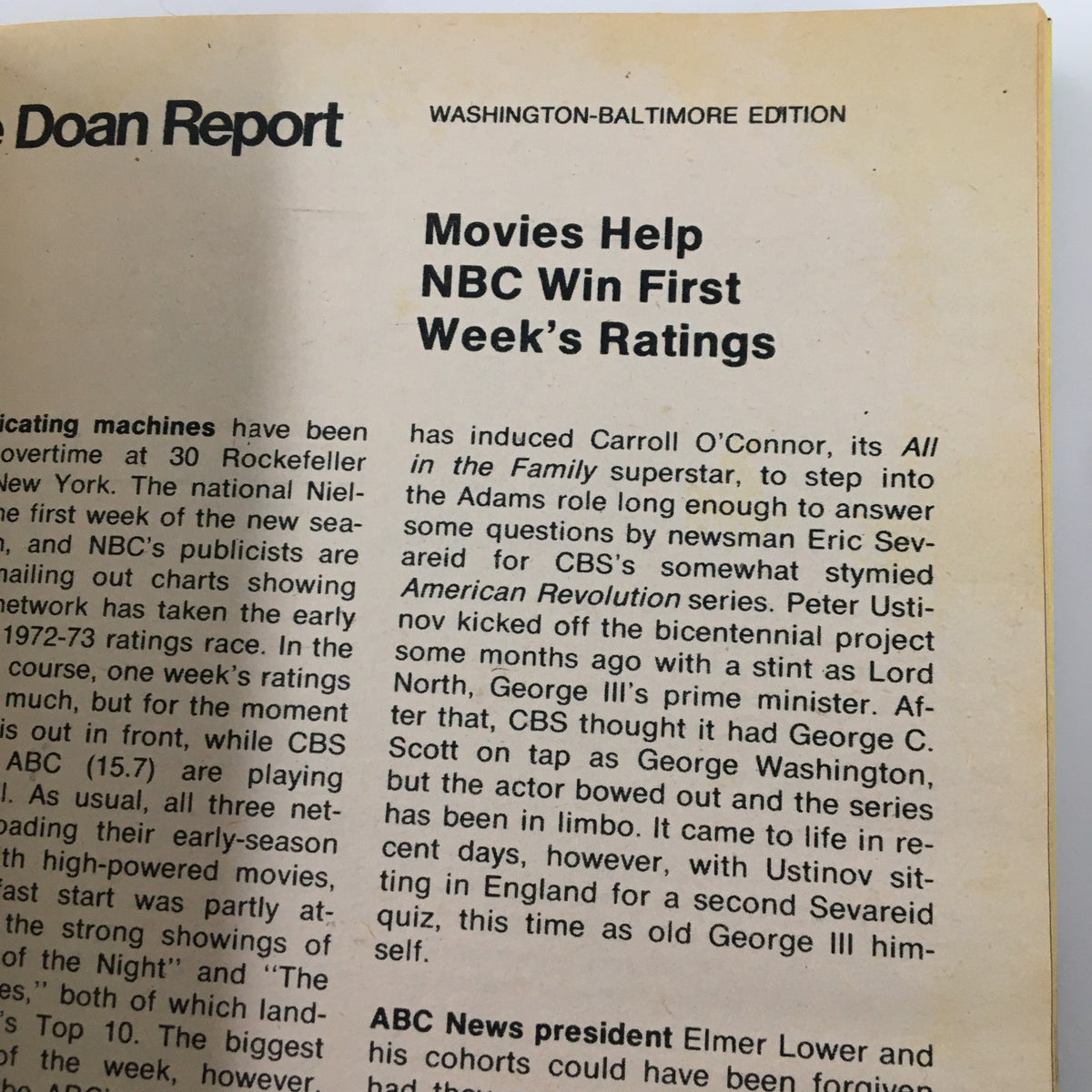 Article page from TV Guide Magazine, October 7 1972, titled Doan Report with insights on NBC's ratings, Washington-Baltimore Edition.