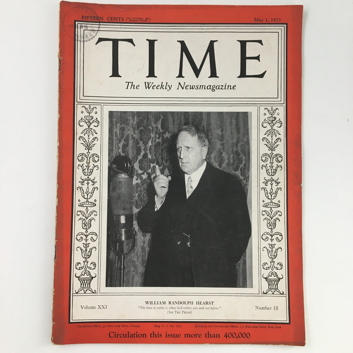 Time Magazine May 1 1933 Vol 21 #18 featuring American businessman William Randolph Hearst on the cover, showcasing historical significance and vintage charm.