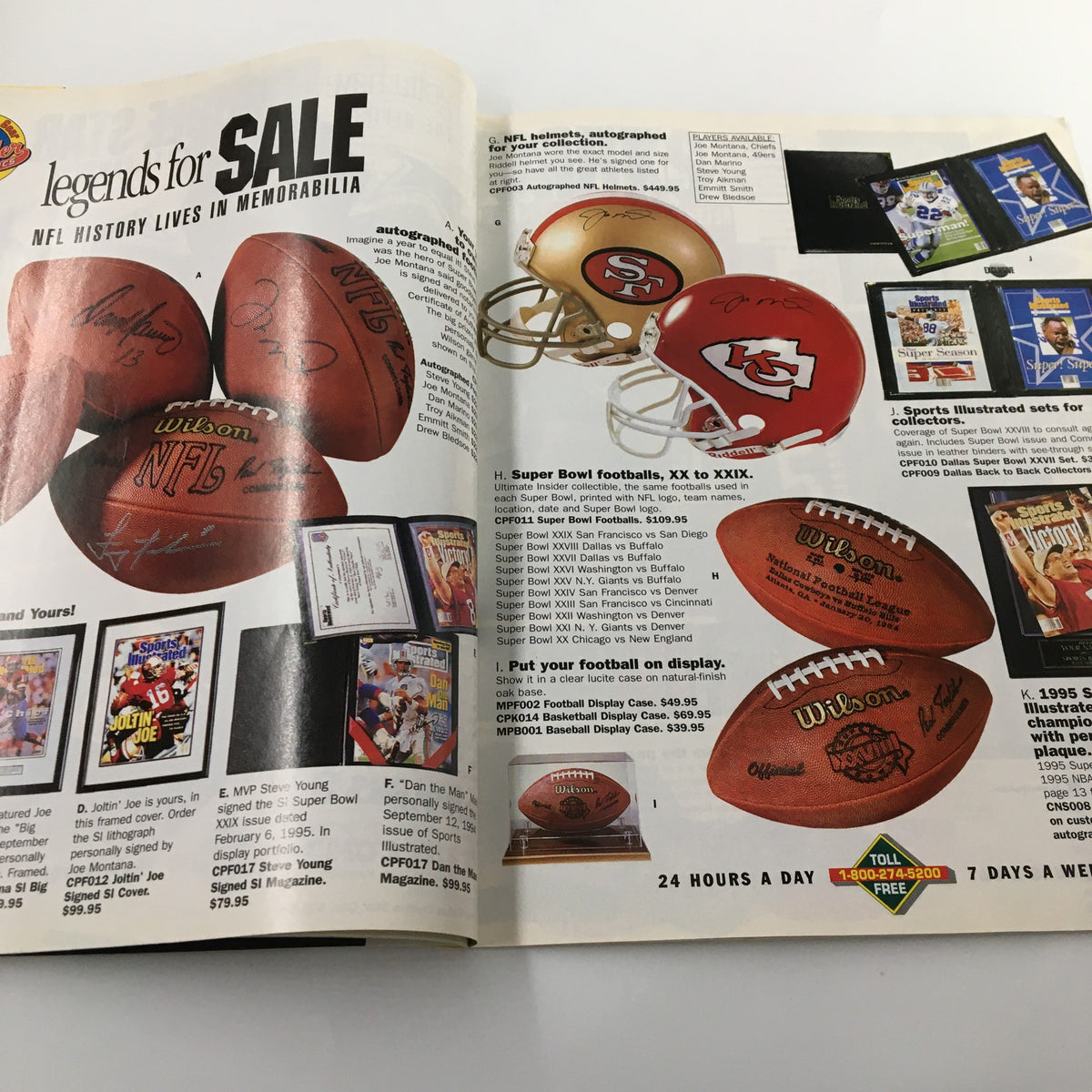 Interior page of Sports Illustrated Magazine Fall 1995 listing NFL collectibles including signed footballs and memorabilia, a must-see for fans.