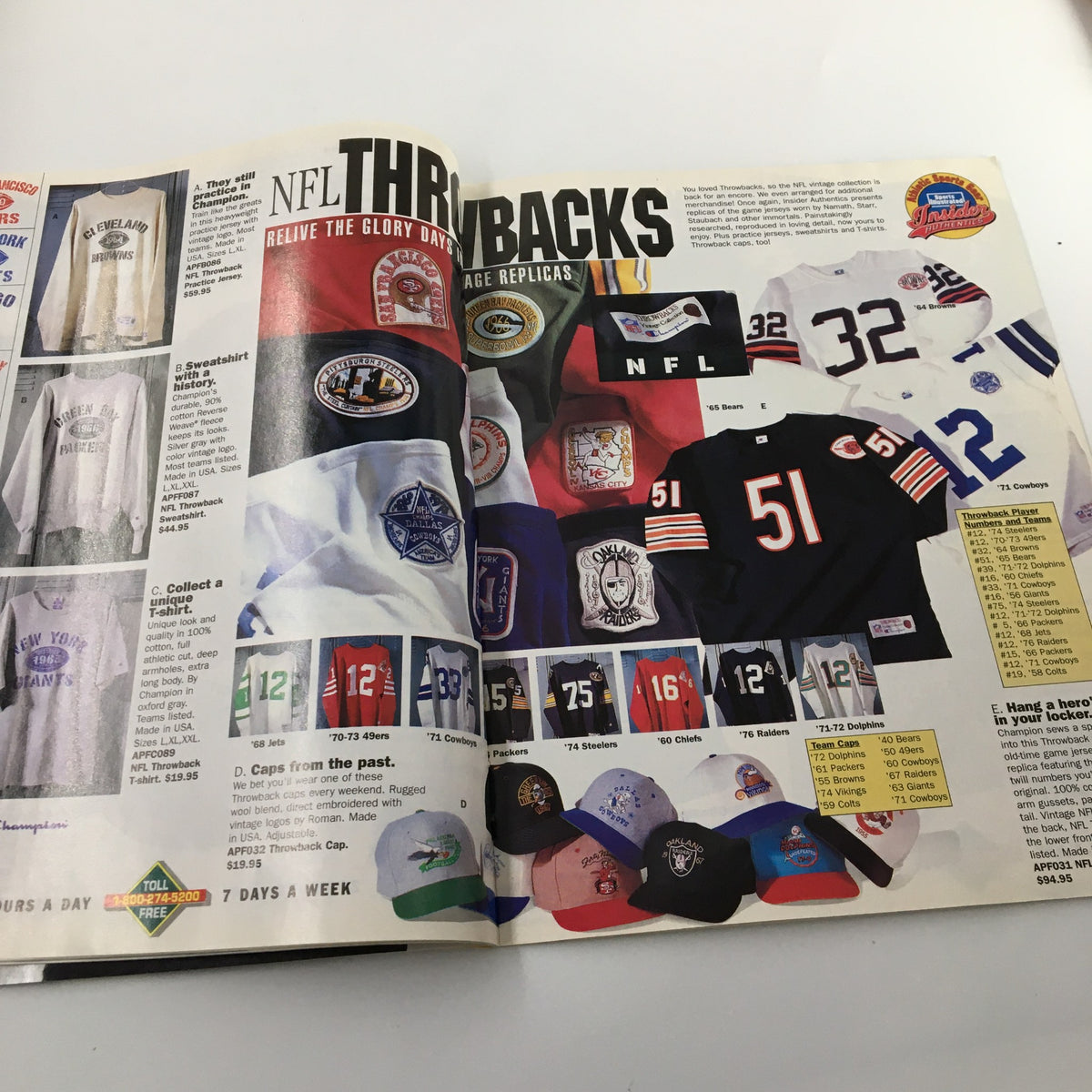 Another page from Sports Illustrated Magazine Fall 1995 exhibiting throwback NFL apparel and caps, celebrating vintage sports fashion and collector's items.