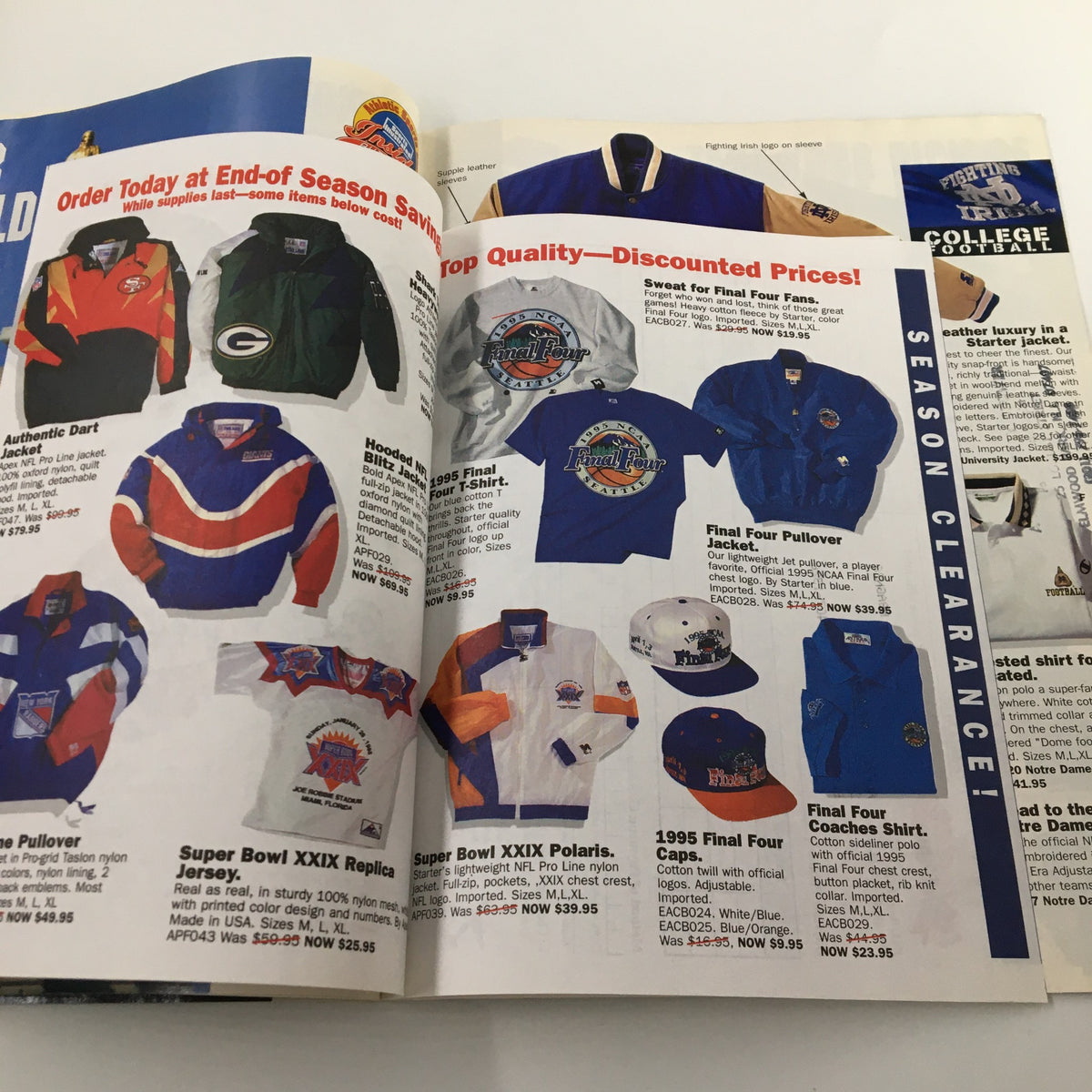 Interior page featuring sports apparel advertisements from Sports Illustrated Magazine Fall 1995 with various jackets and clothing items related to college football.