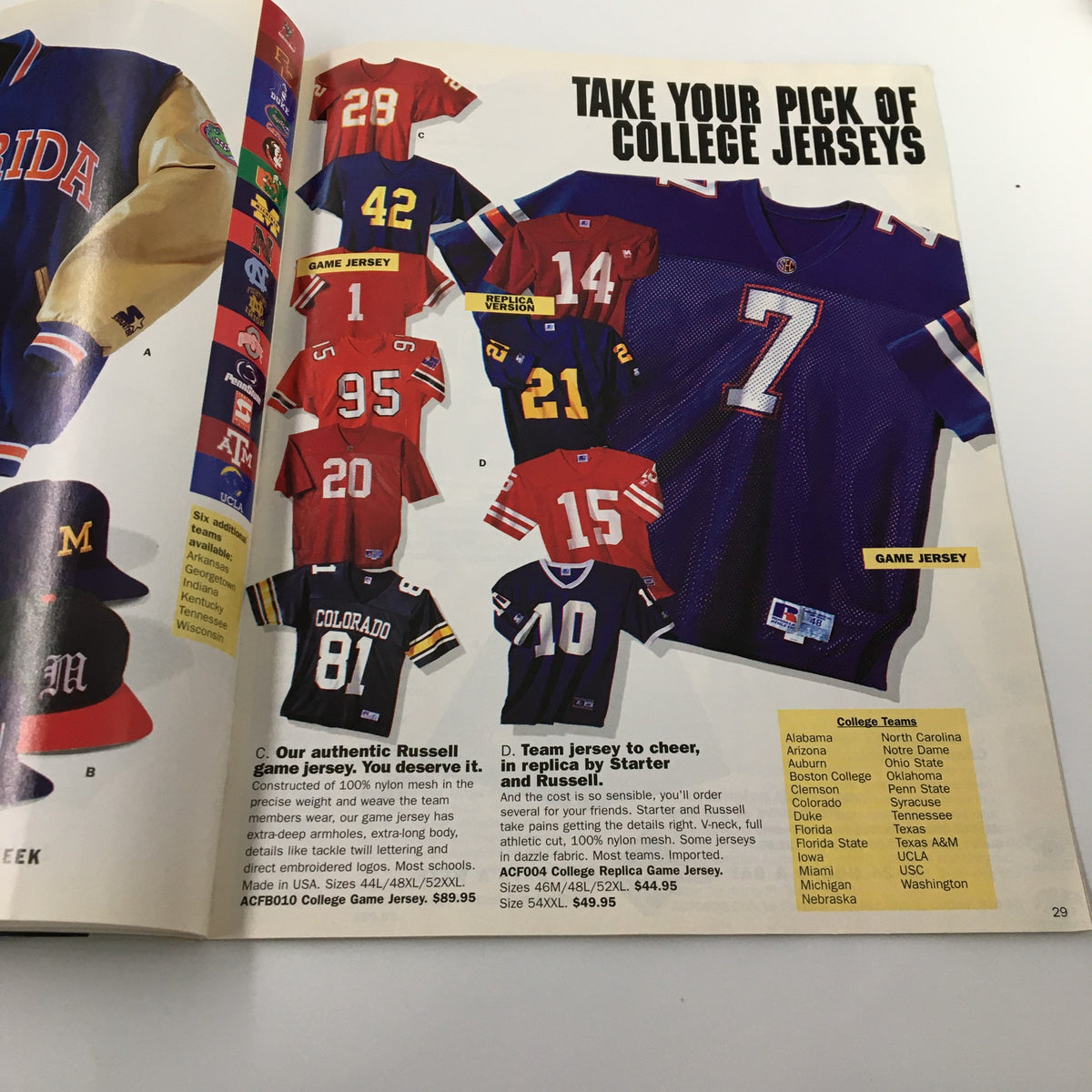 College jerseys showcased in Sports Illustrated Magazine Fall 1995 featuring a variety of teams and styles including the Florida and Colorado jerseys.