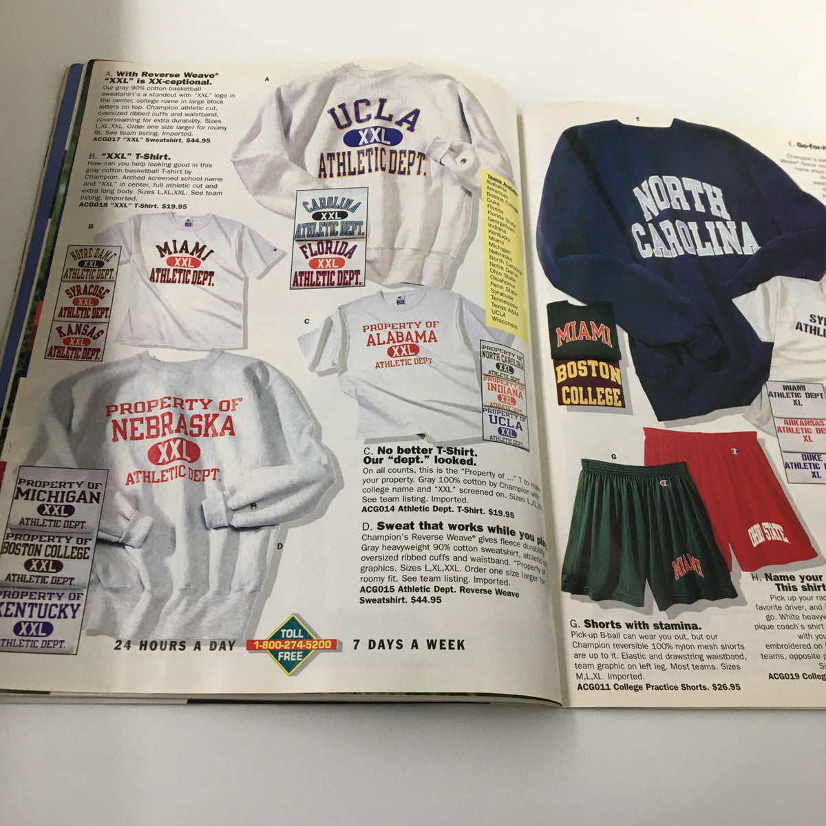 Feature on collegiate clothing and apparel in Sports Illustrated Magazine Fall 1995, highlighting sweatshirts and shorts from various universities.